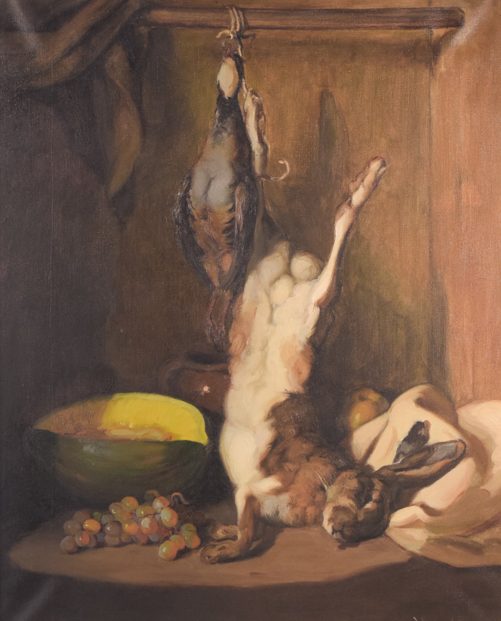 A painting of a rabbit hanging from a hook next to a bowl of fruit.