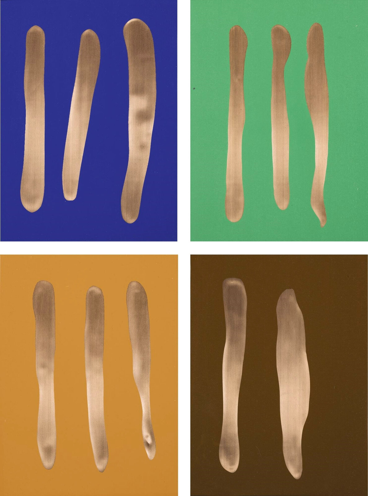 A minimalist composition of three peach-colored vertical shapes against a deep blue background.