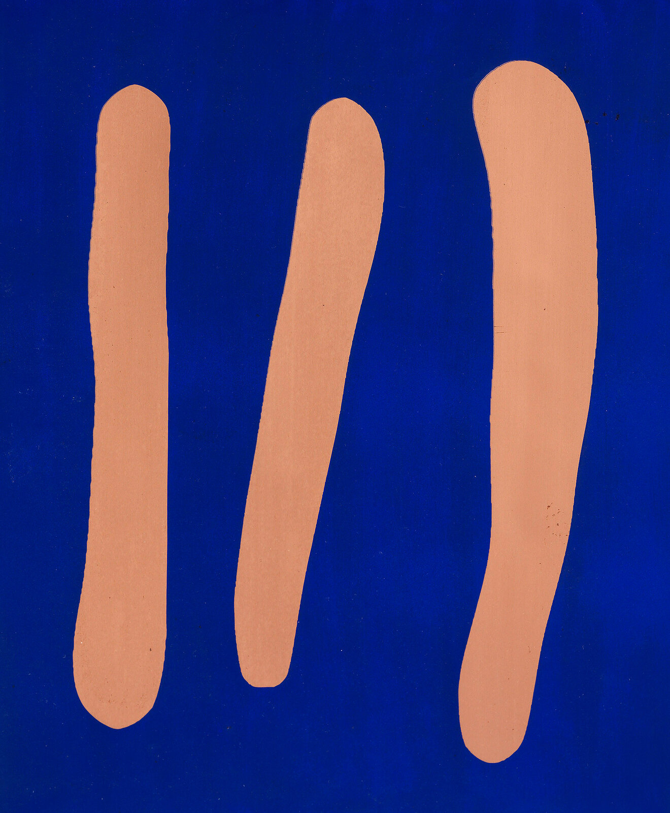 A minimalist composition of three peach-colored vertical shapes against a deep blue background.