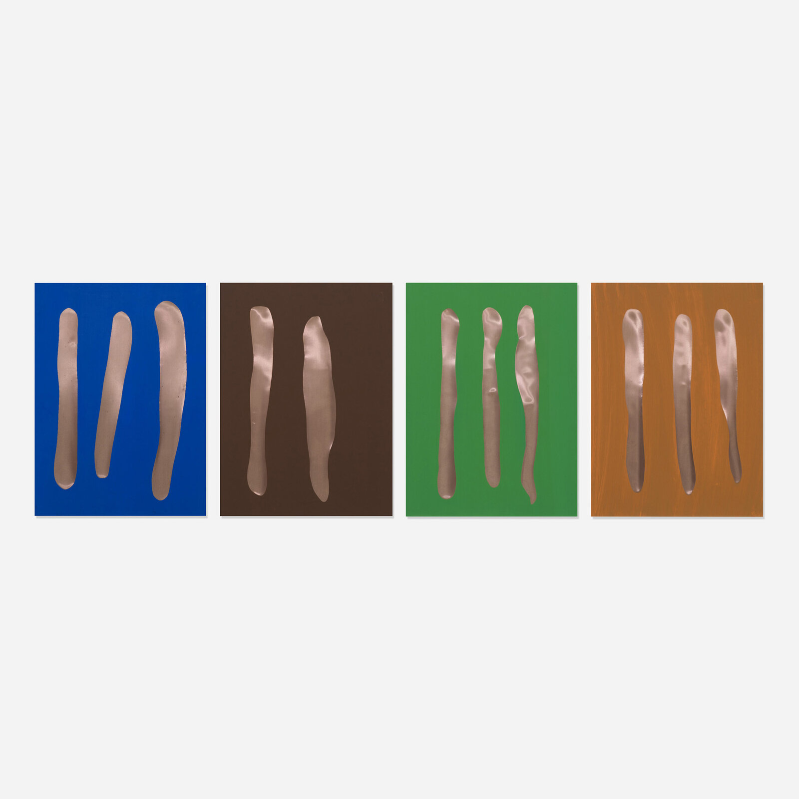 Three pale, organic shapes arranged vertically against a vivid green background.