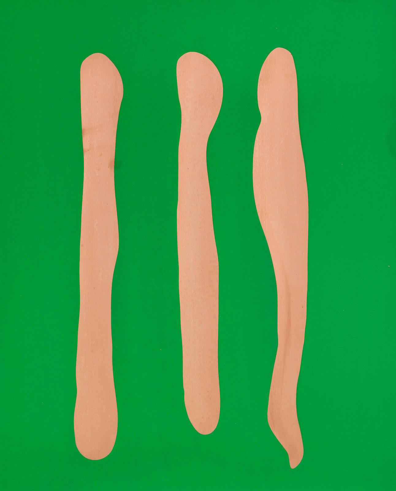 Three pale, organic shapes arranged vertically against a vivid green background.
