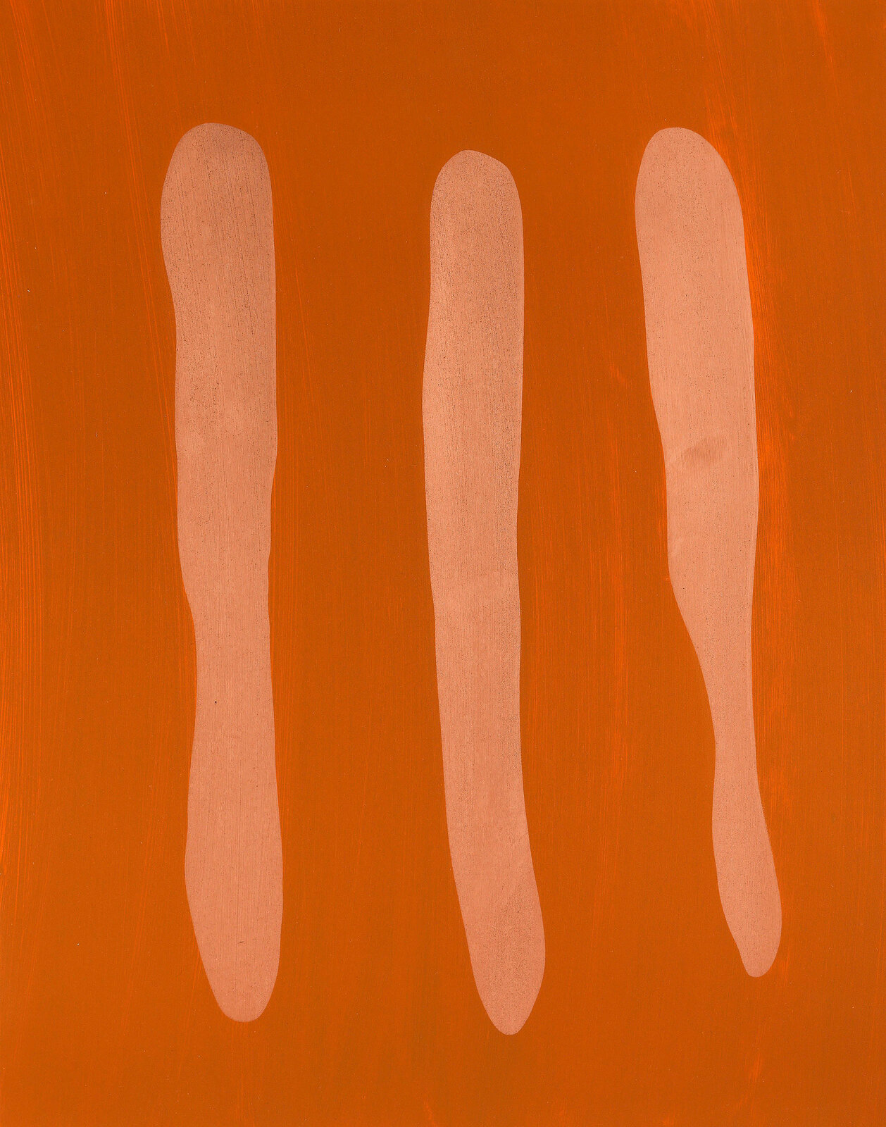 A minimalist composition of three pale, elongated shapes against a textured orange background.