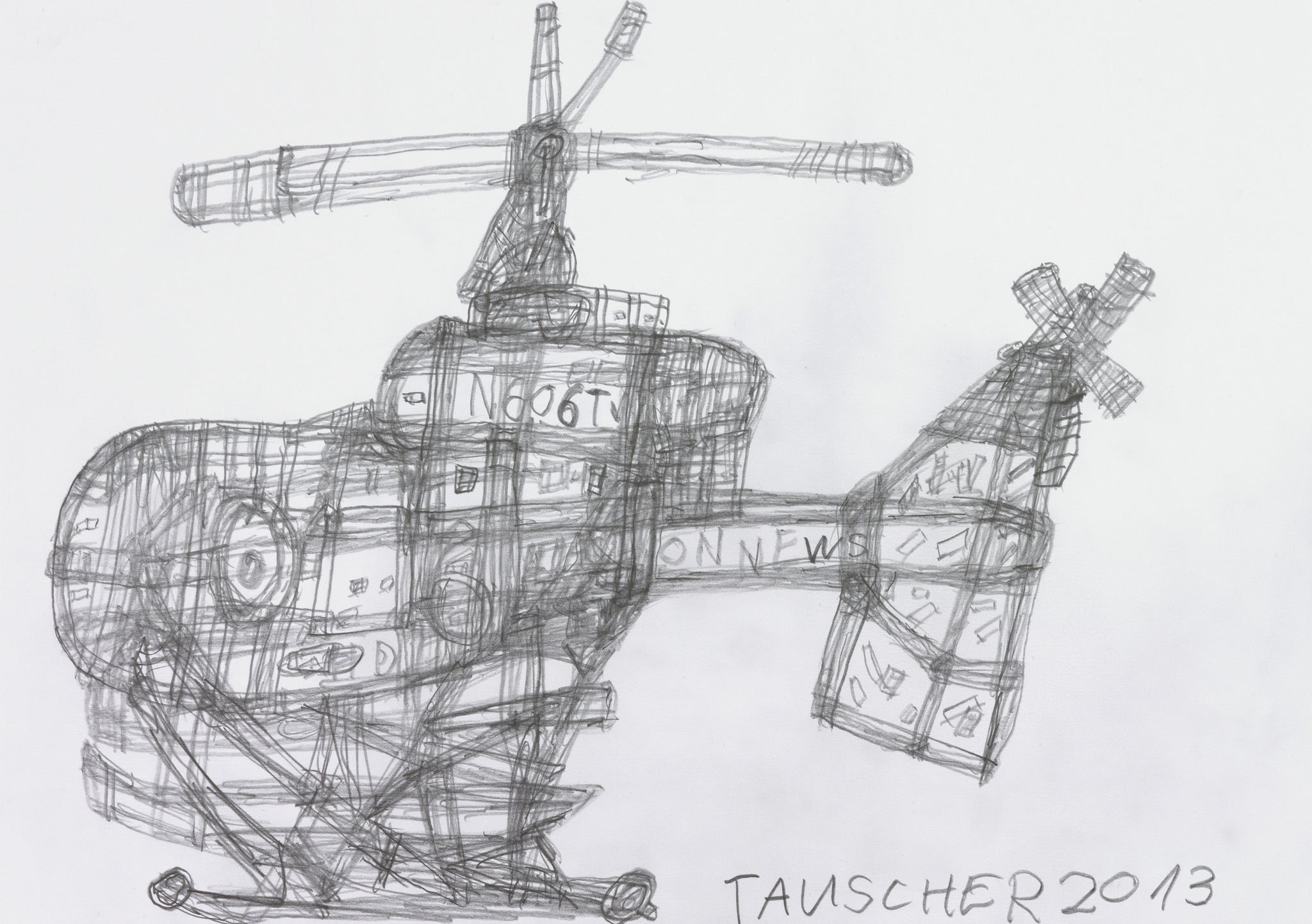 A drawing of a helicopter on a piece of paper.