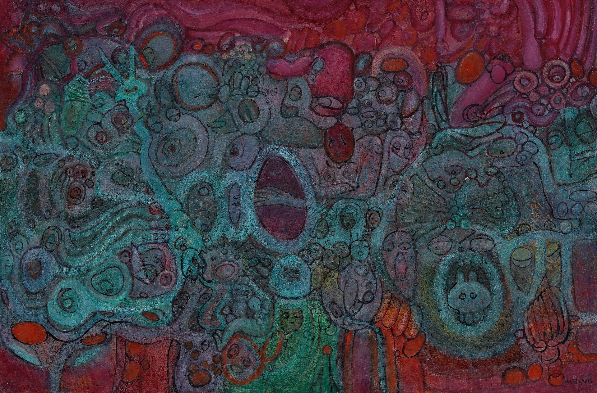 A chaotic, psychedelic composition of swirling organic forms and faces in a vibrant palette of teal, magenta, and terracotta.