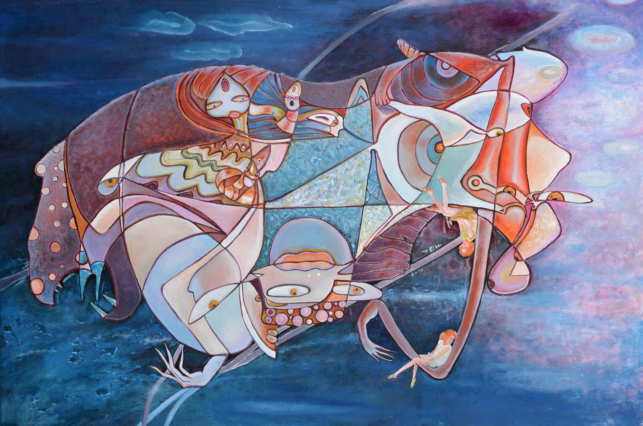 A surreal painting of a large, multi-faceted creature with human-like features and floating figures against a deep blue background.