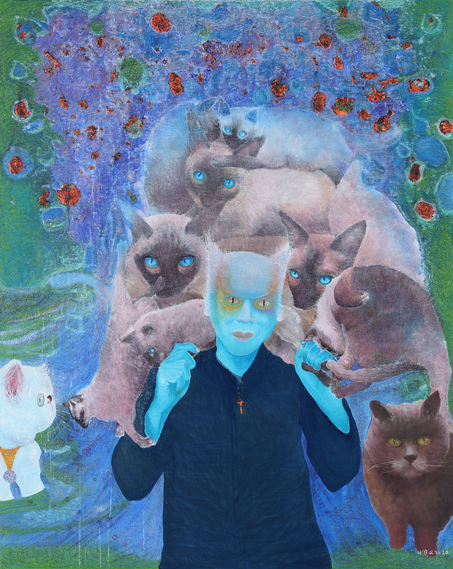 A surreal portrait of a blue-skinned figure surrounded by numerous Siamese cats against a dreamy, floral background.