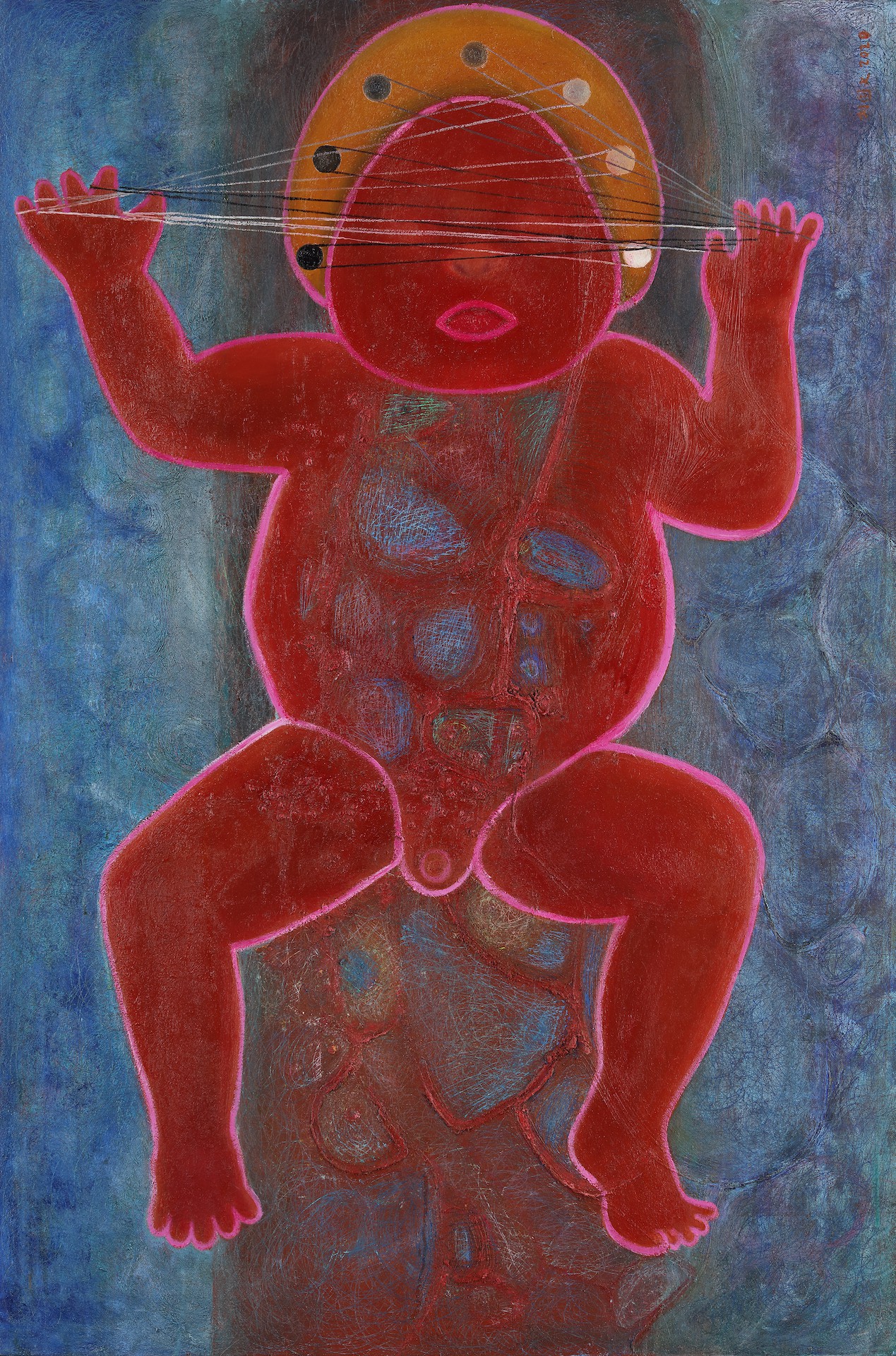 A surreal red figure with a halo-like headpiece, outlined in pink against a textured blue background.