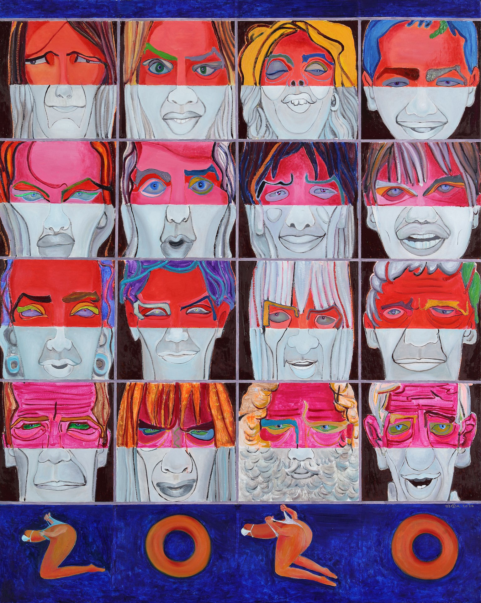 A vibrant grid of stylized faces with bold colors and a year at the bottom.
