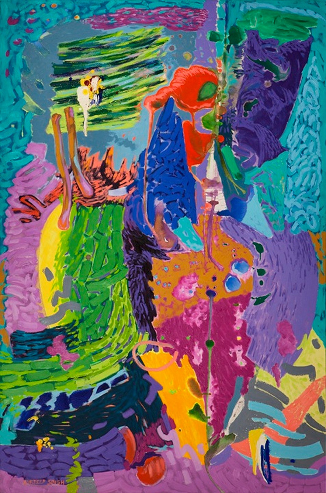 A painting of a colorful abstract painting on a blue background.
