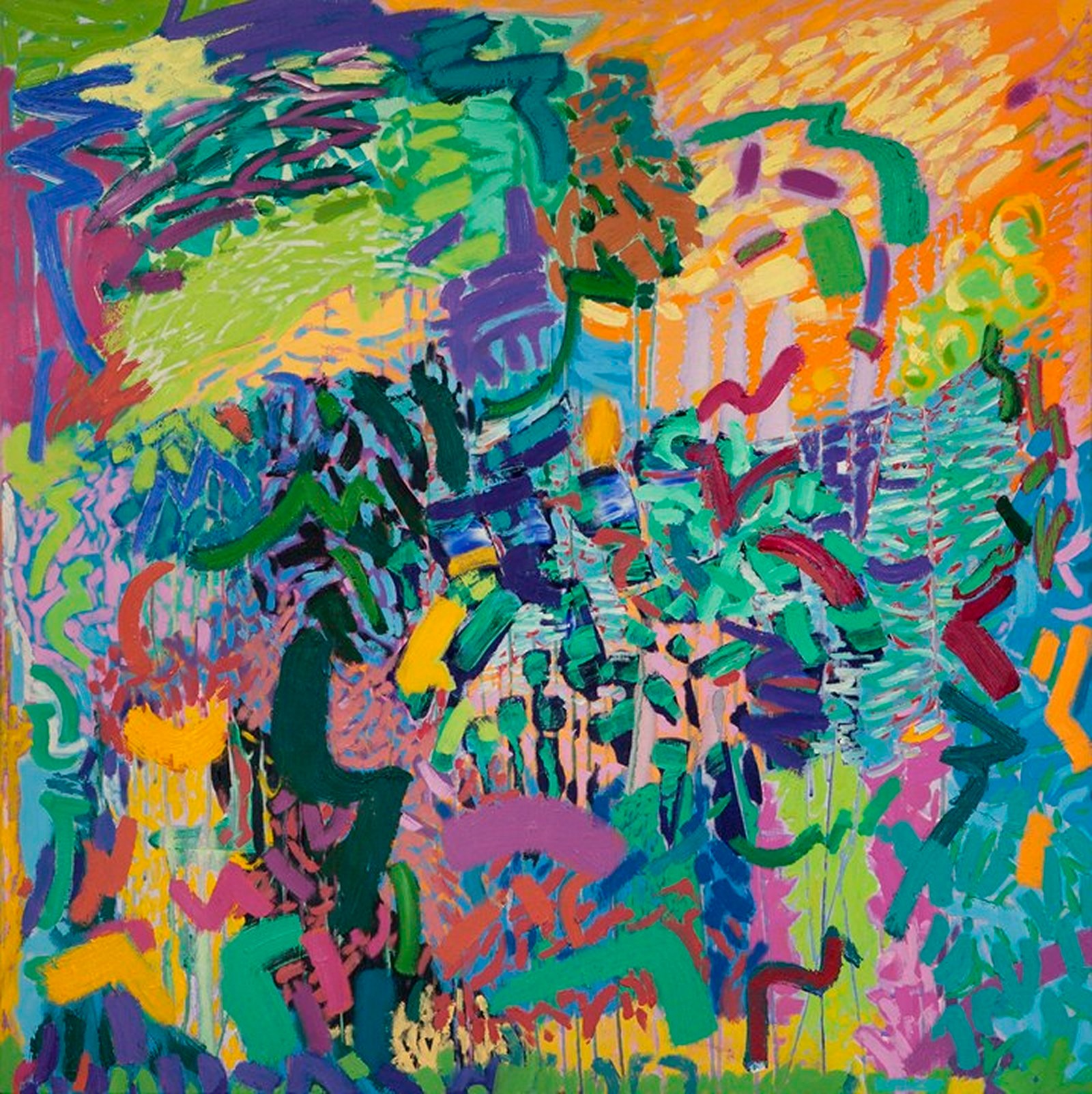 A painting of a colorful abstract painting on a yellow background.