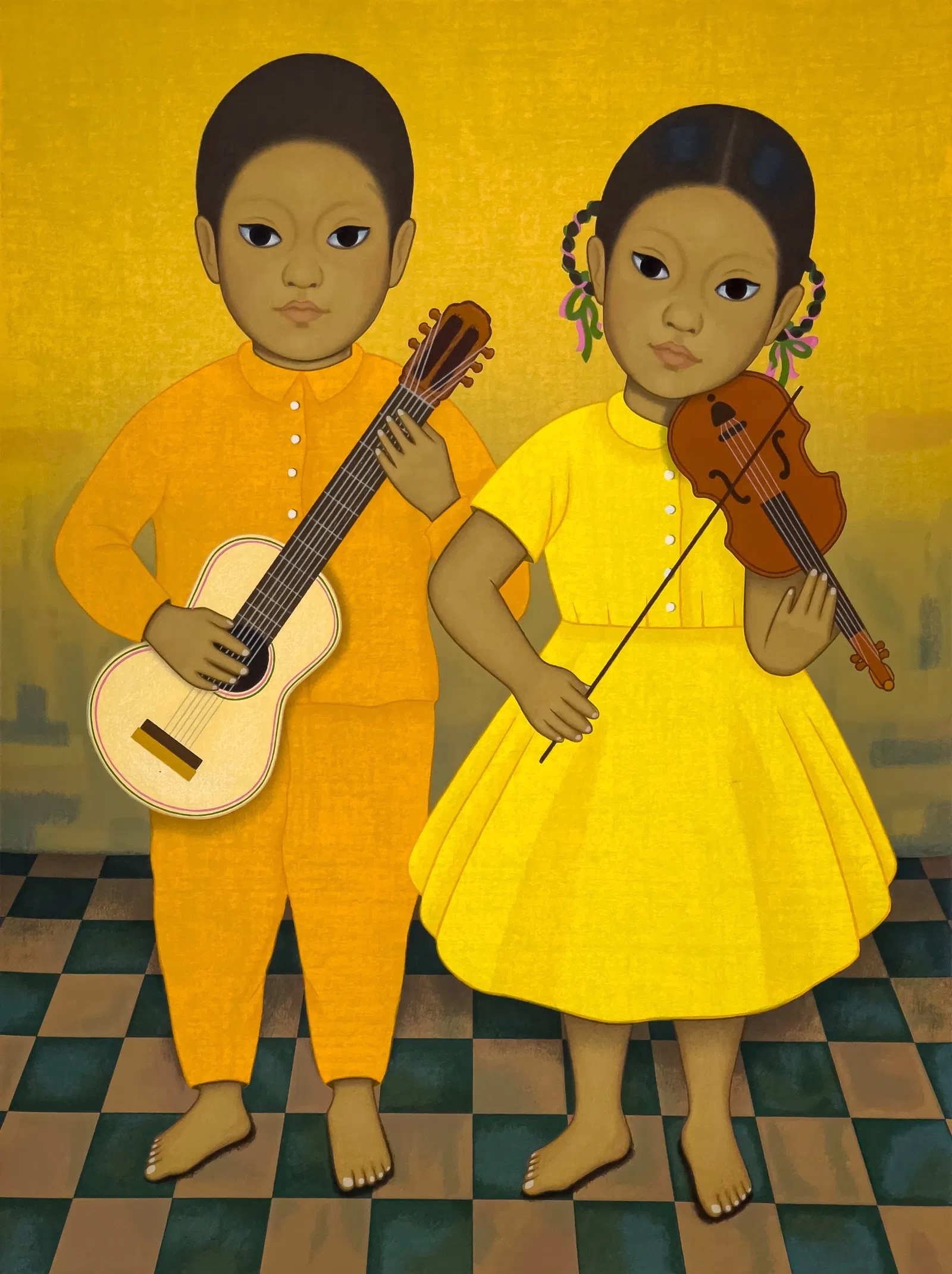 Músicos, Chica y nino sosteniendo instrumentos de cuerda by Gustavo Montoya, 1985