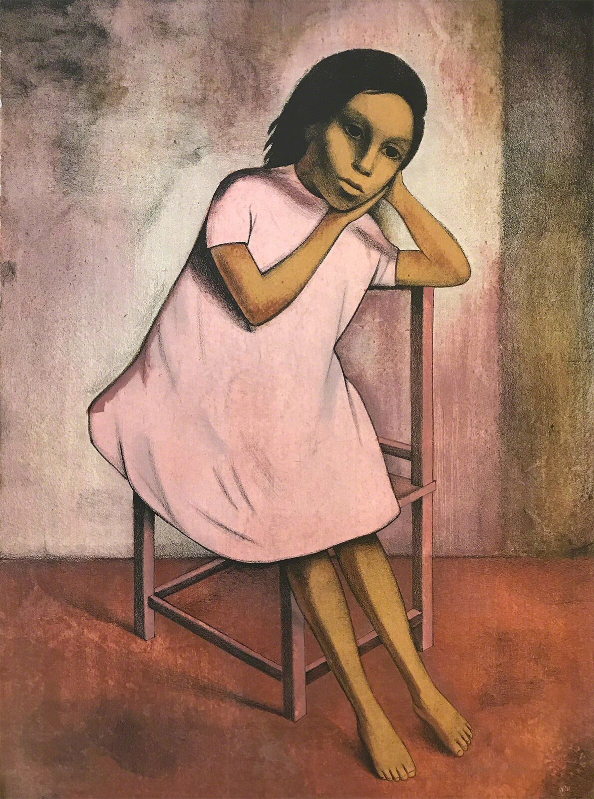 A painting of a woman sitting on a chair.
