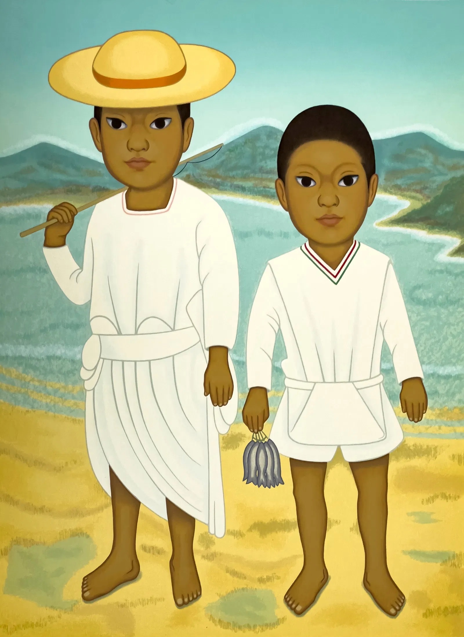 Pescadoras, dos ninas con artes de pesca by Gustavo Montoya, 1985