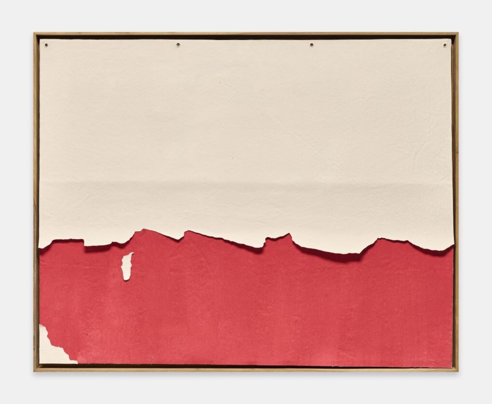 A minimalist artwork featuring a jagged, torn-paper effect separating a red lower section from an off-white upper section.