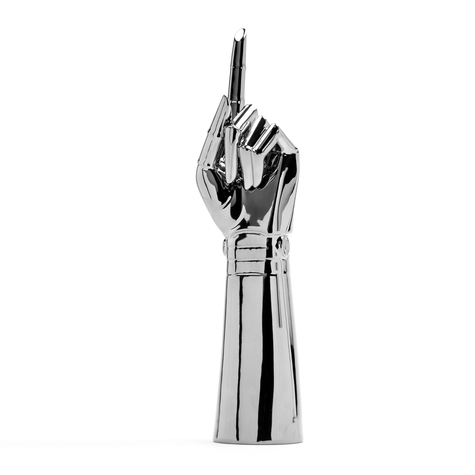 A silver pen holder with a pen in it.