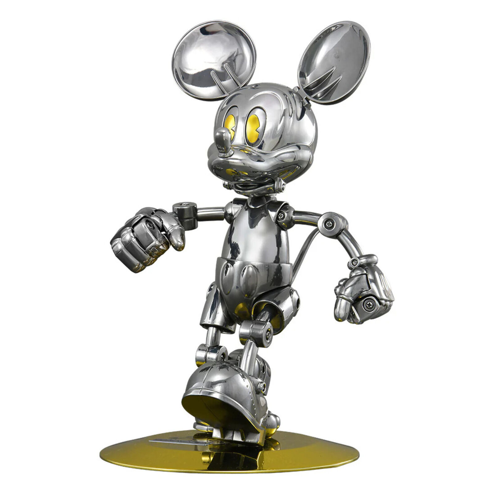 A silver and gold figurine of a mickey mouse.