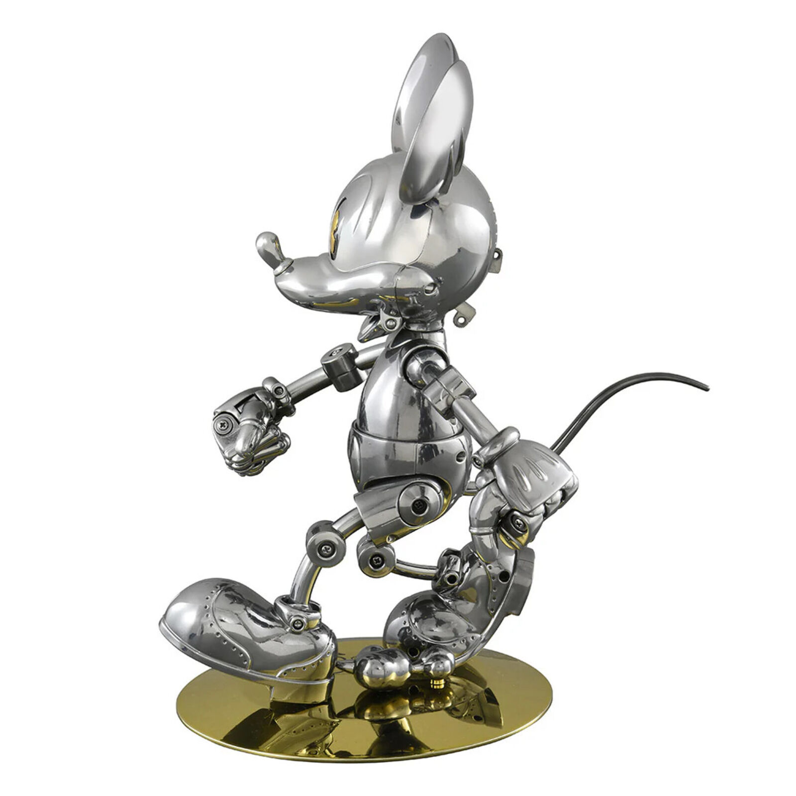 A silver and gold figurine of a mickey mouse.