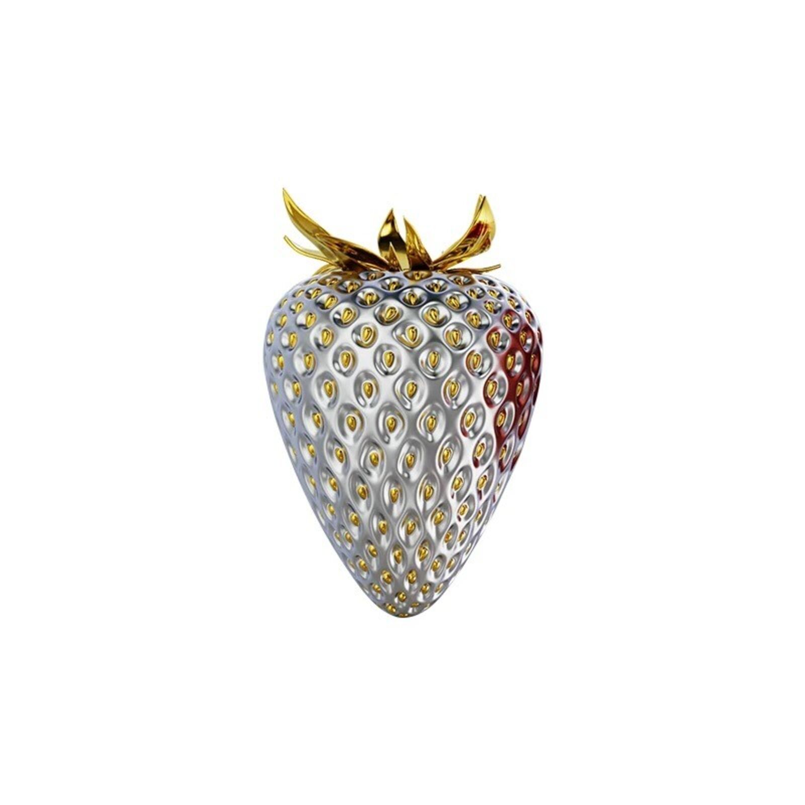 A silver and gold strawberry on a white background.