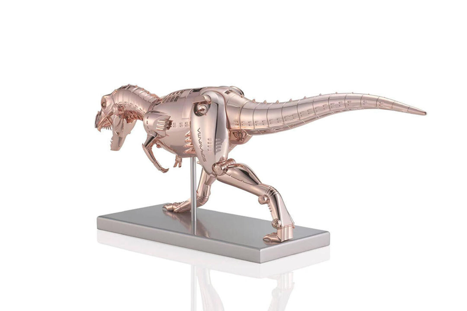 A metal model of a t-rex on a metal stand.