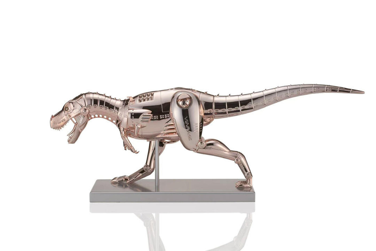 A metal model of a t-rex on a metal stand.