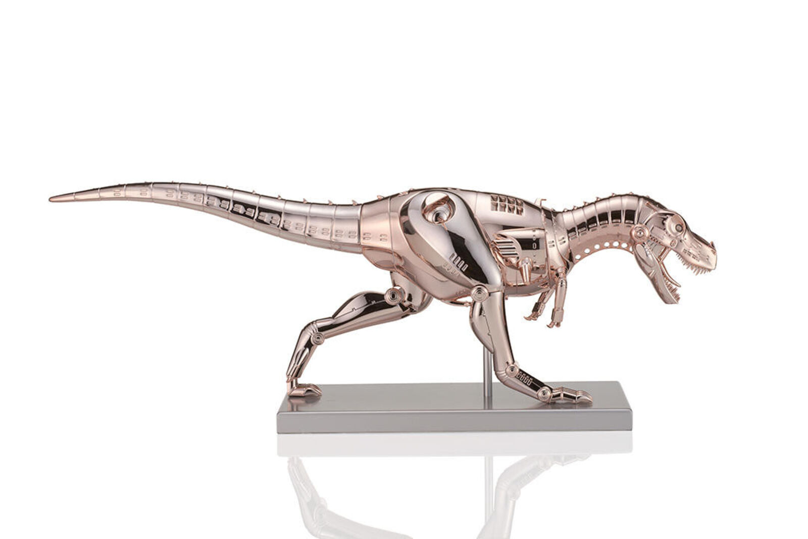 A metal model of a t-rex on a metal stand.