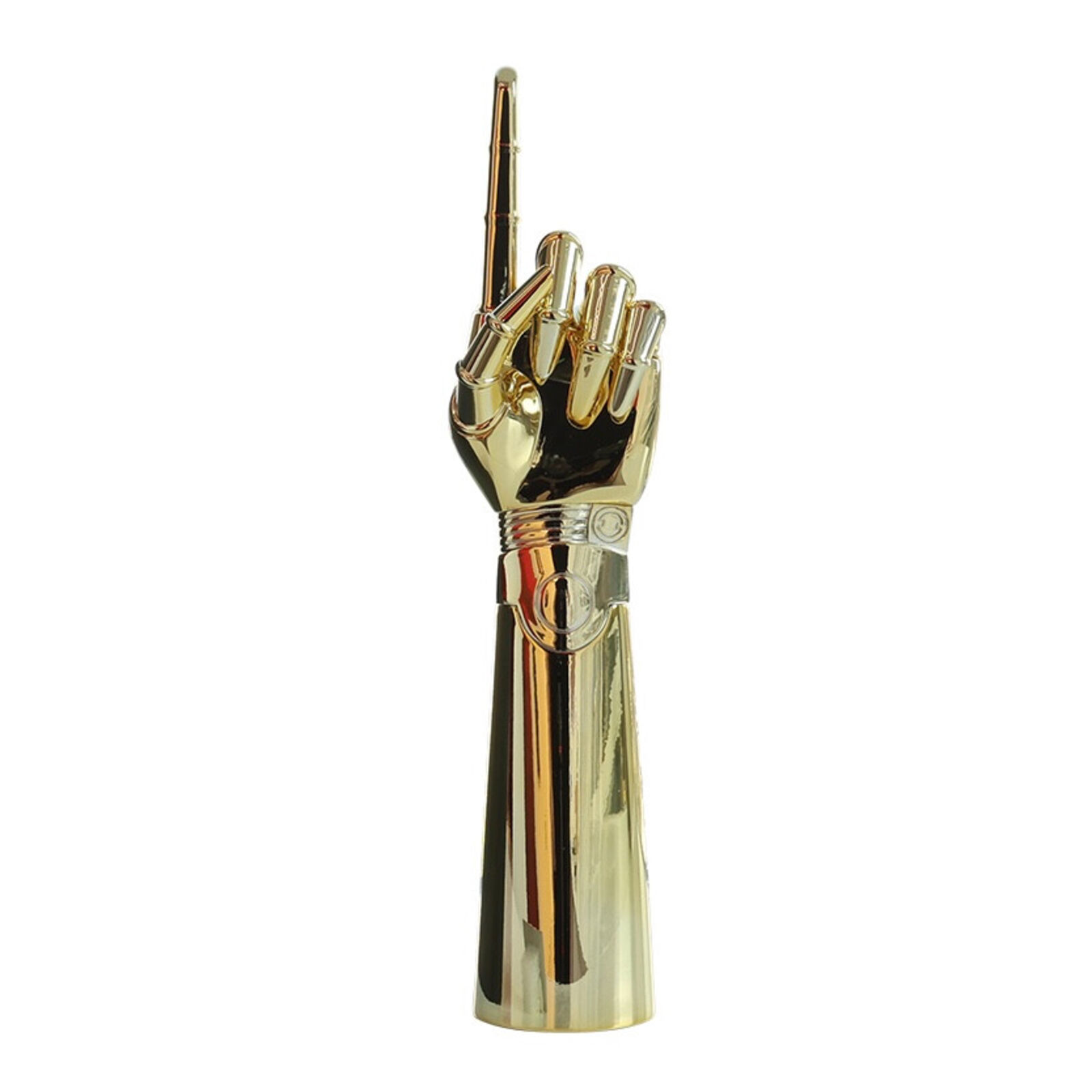 A gold metal sculpture of a hand holding a pen.