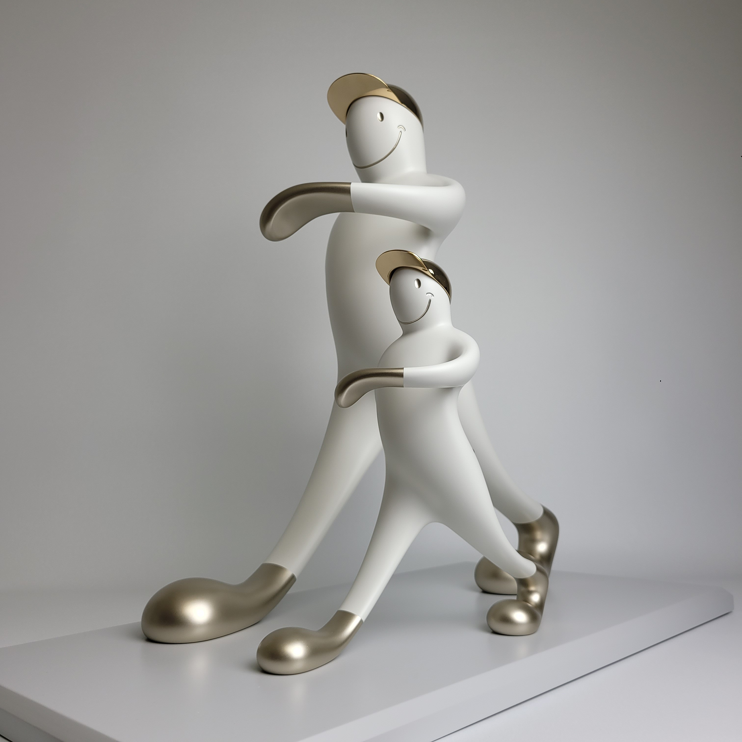 A playful sculpture of two figures in a matching pose, featuring smooth white forms with metallic accents.