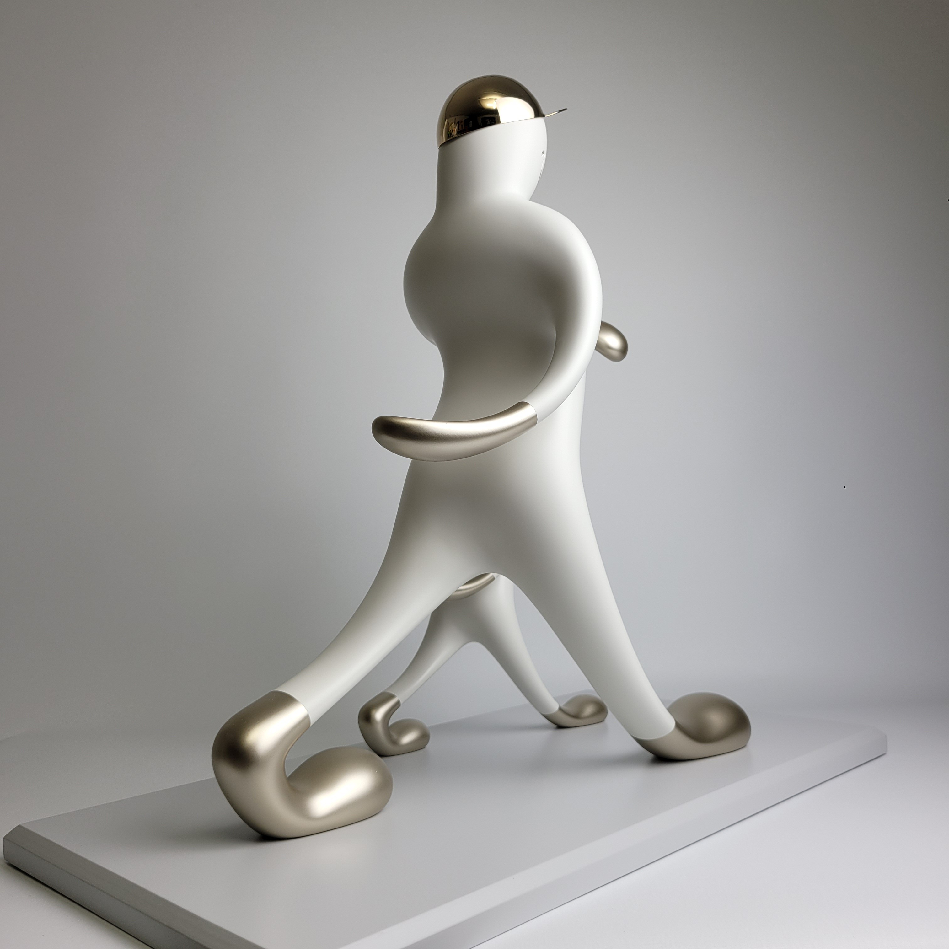 A playful sculpture of two figures in a matching pose, featuring smooth white forms with metallic accents.