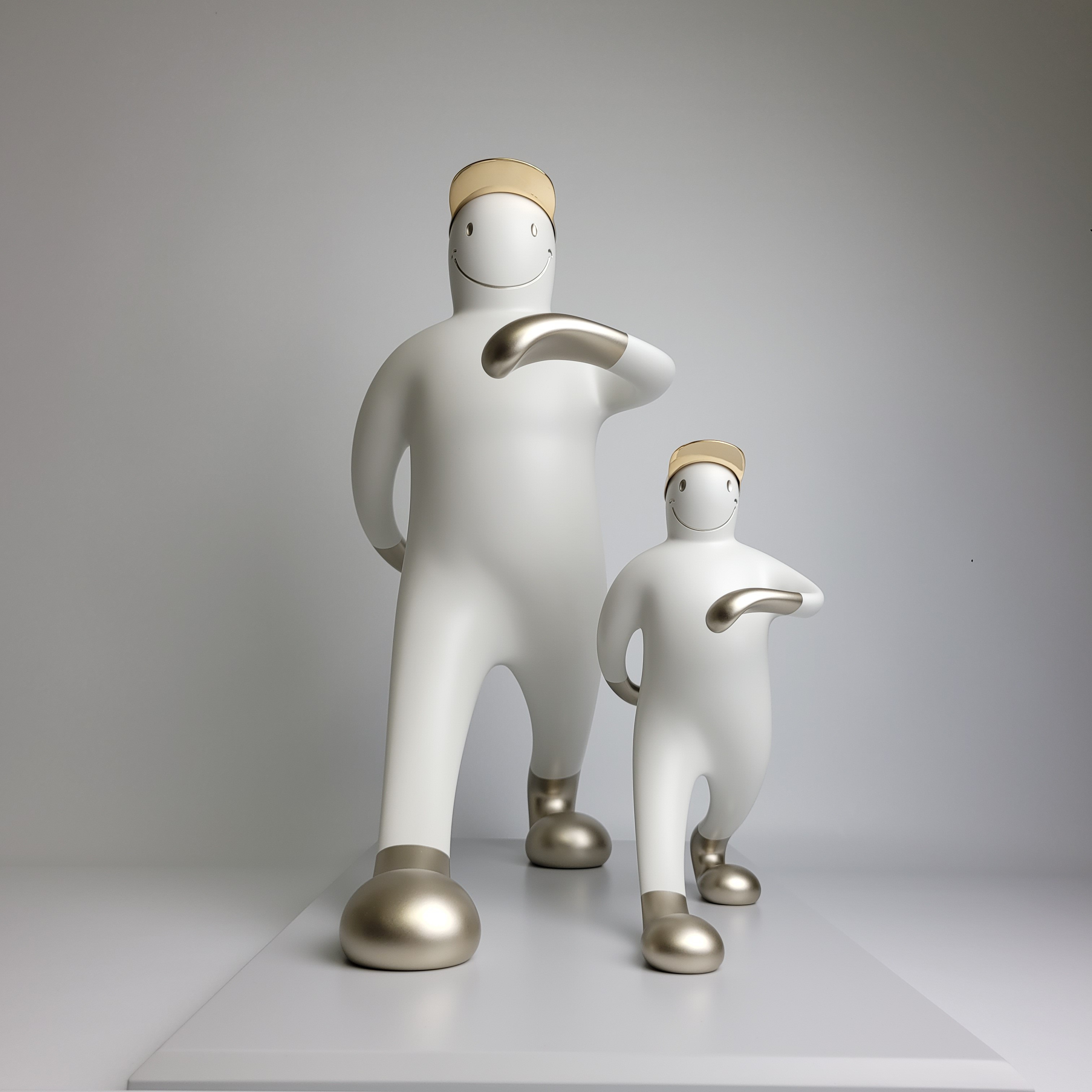 A playful sculpture of two figures in a matching pose, featuring smooth white forms with metallic accents.