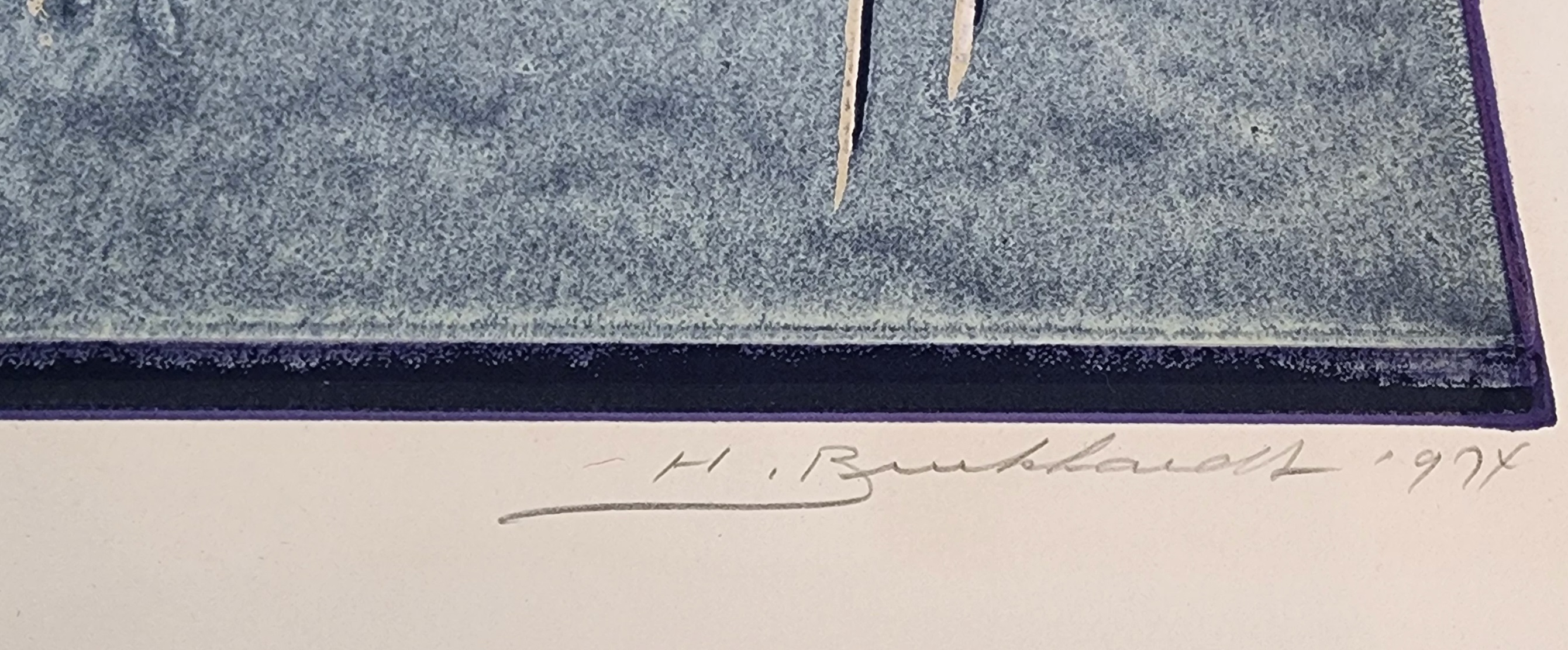 A blue and white drawing of a woman sitting on a couch.