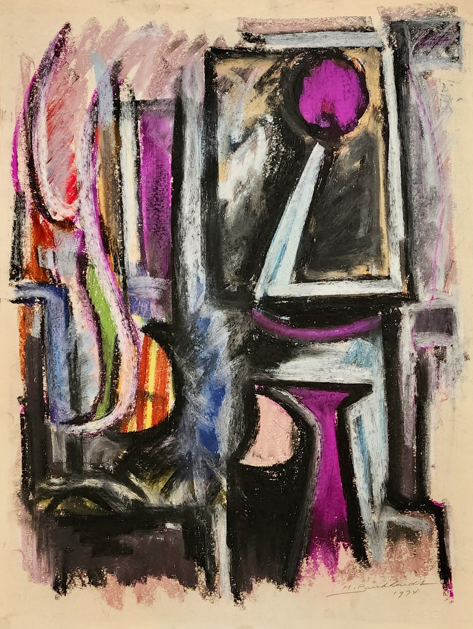 A painting of a vase and a mirror on a table.