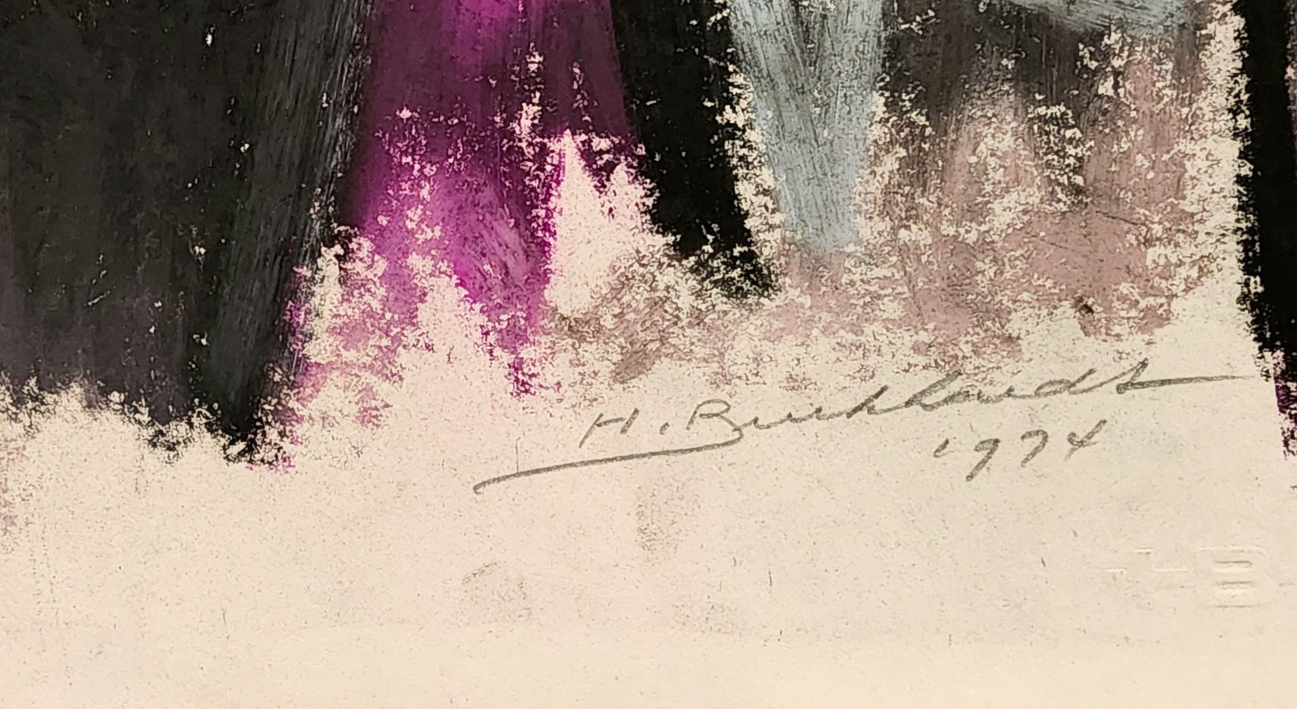 A painting of a vase and a mirror on a table.