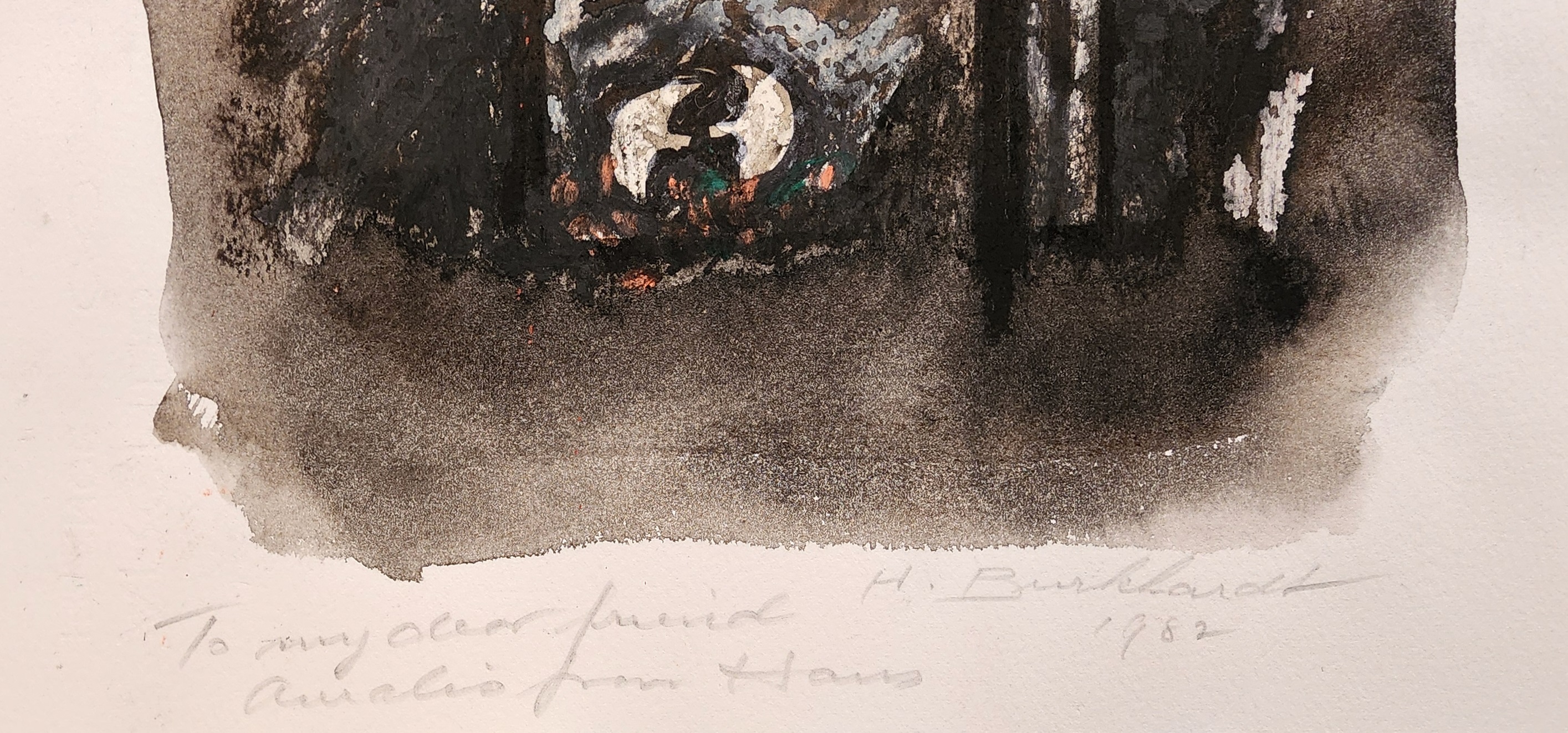 A painting of a black and orange painting on a white background.