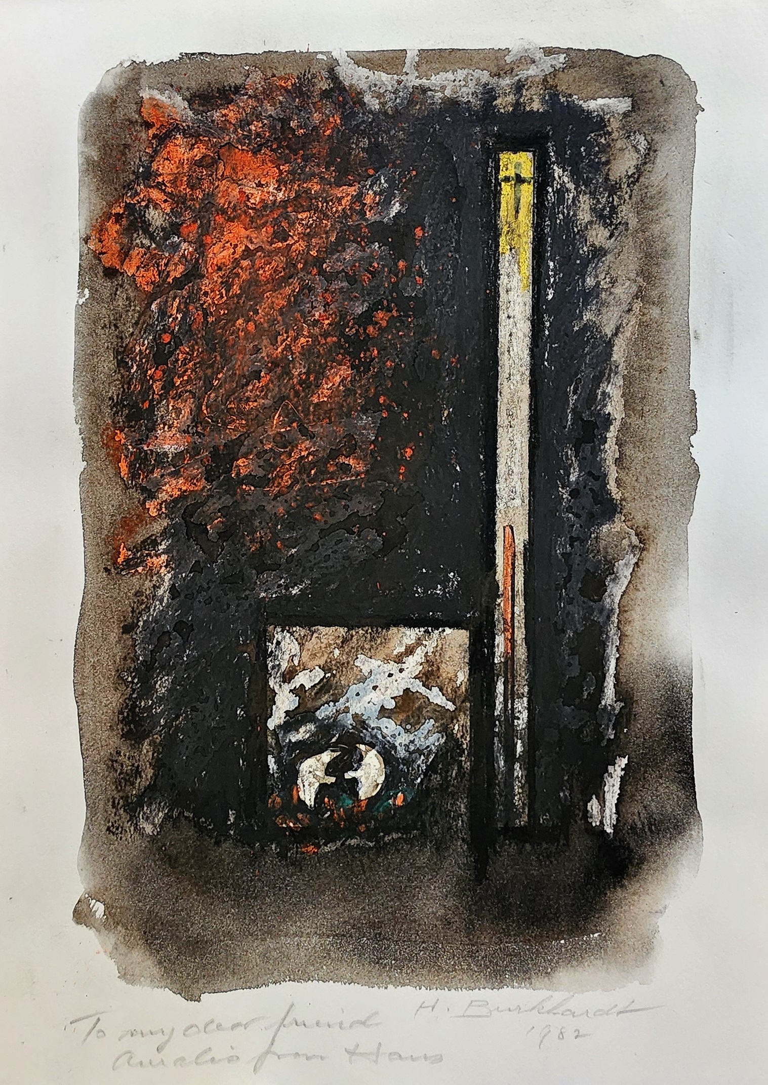A painting of a black and orange painting on a white background.