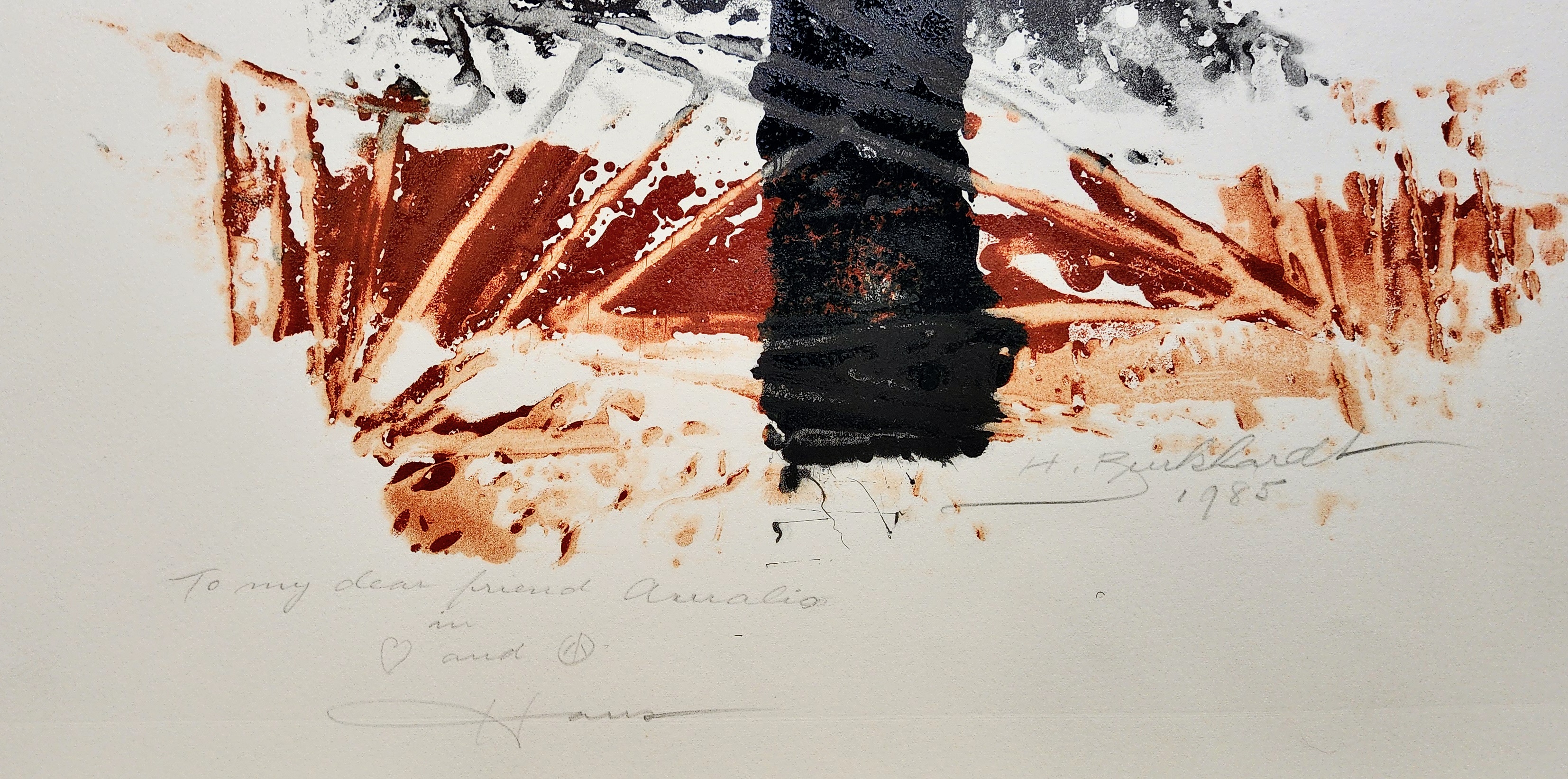 A black and orange painting of a man standing in front of a table.