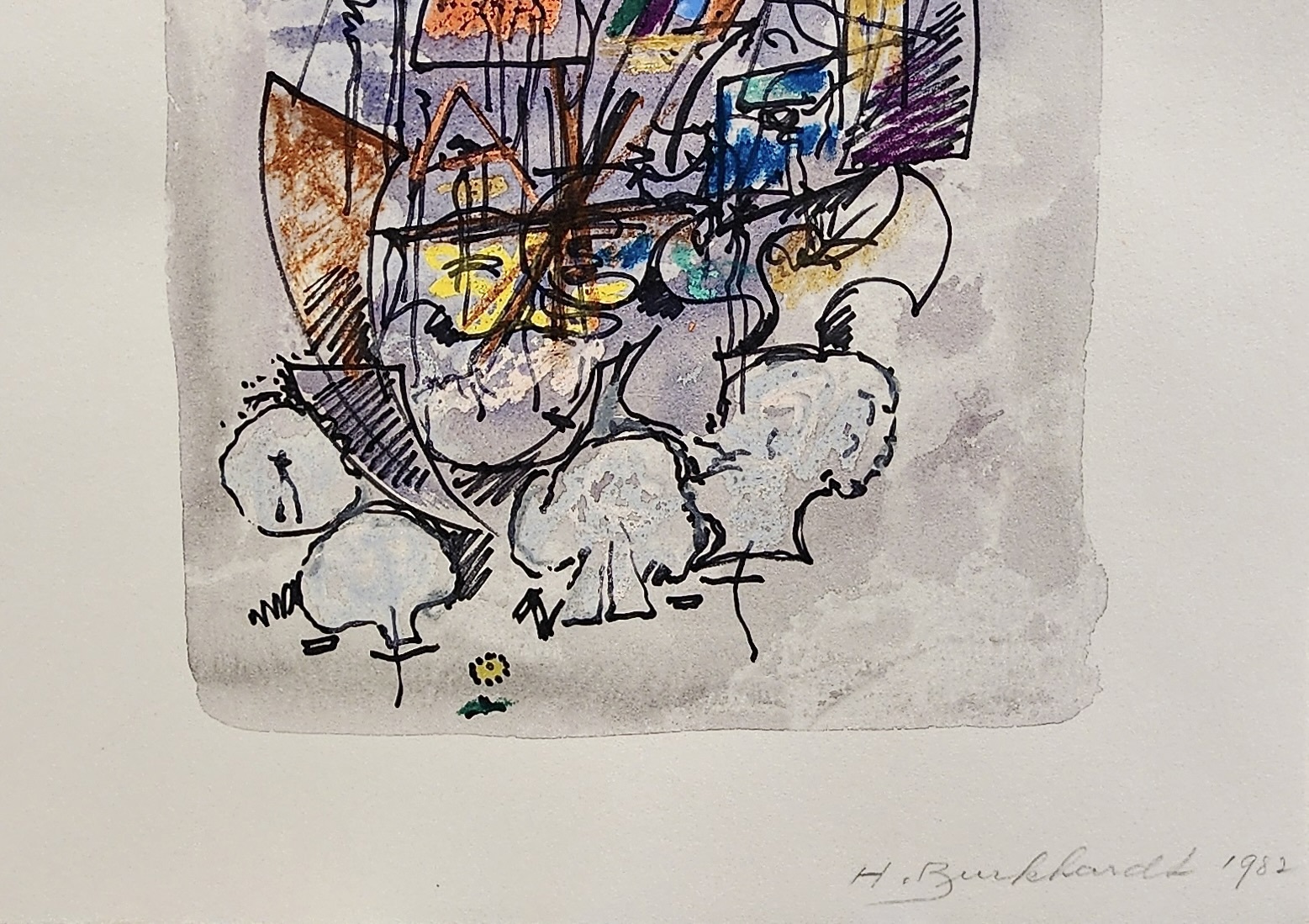 A watercolor painting of a cityscape on a piece of paper.