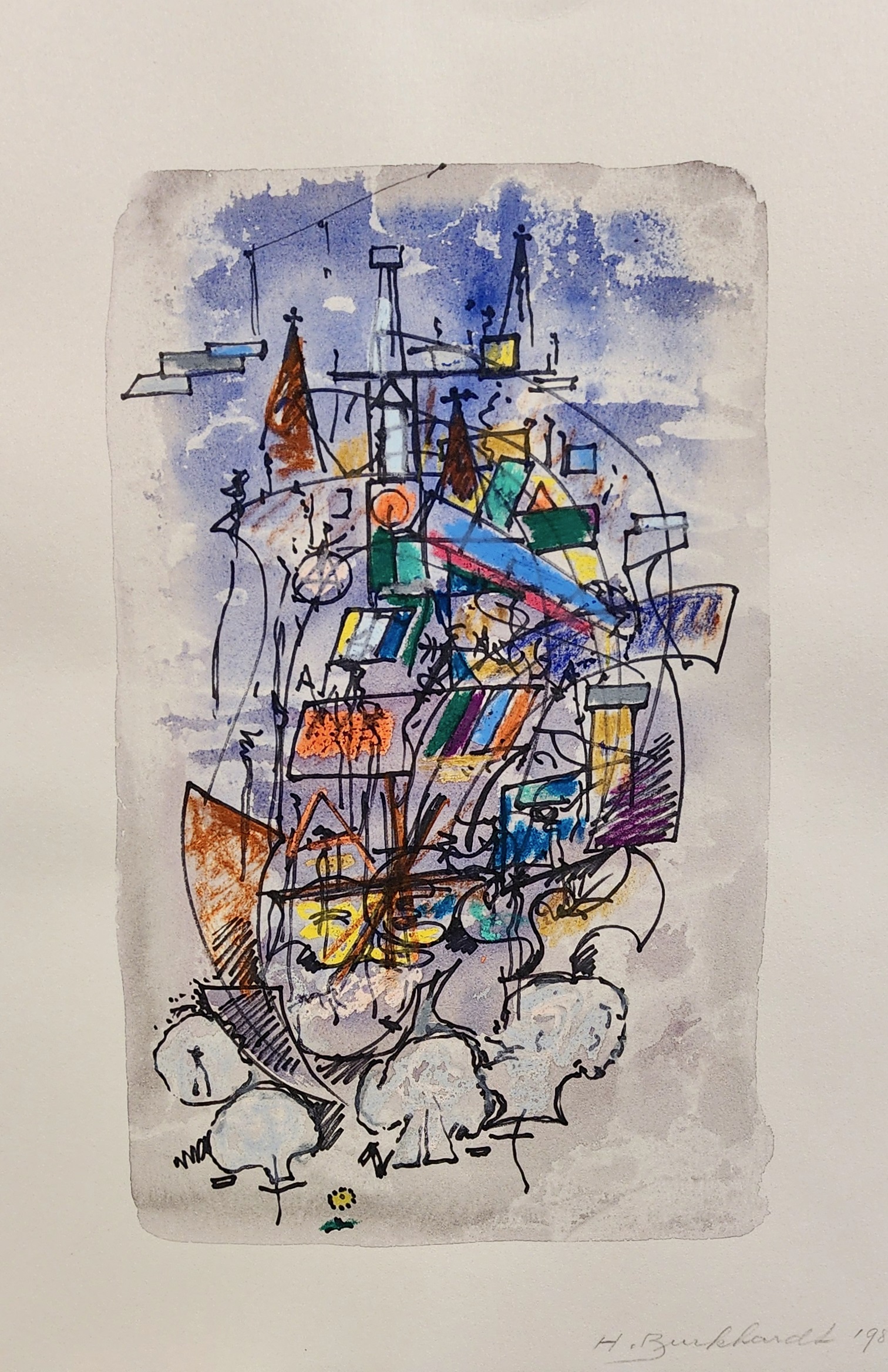 A watercolor painting of a cityscape on a piece of paper.