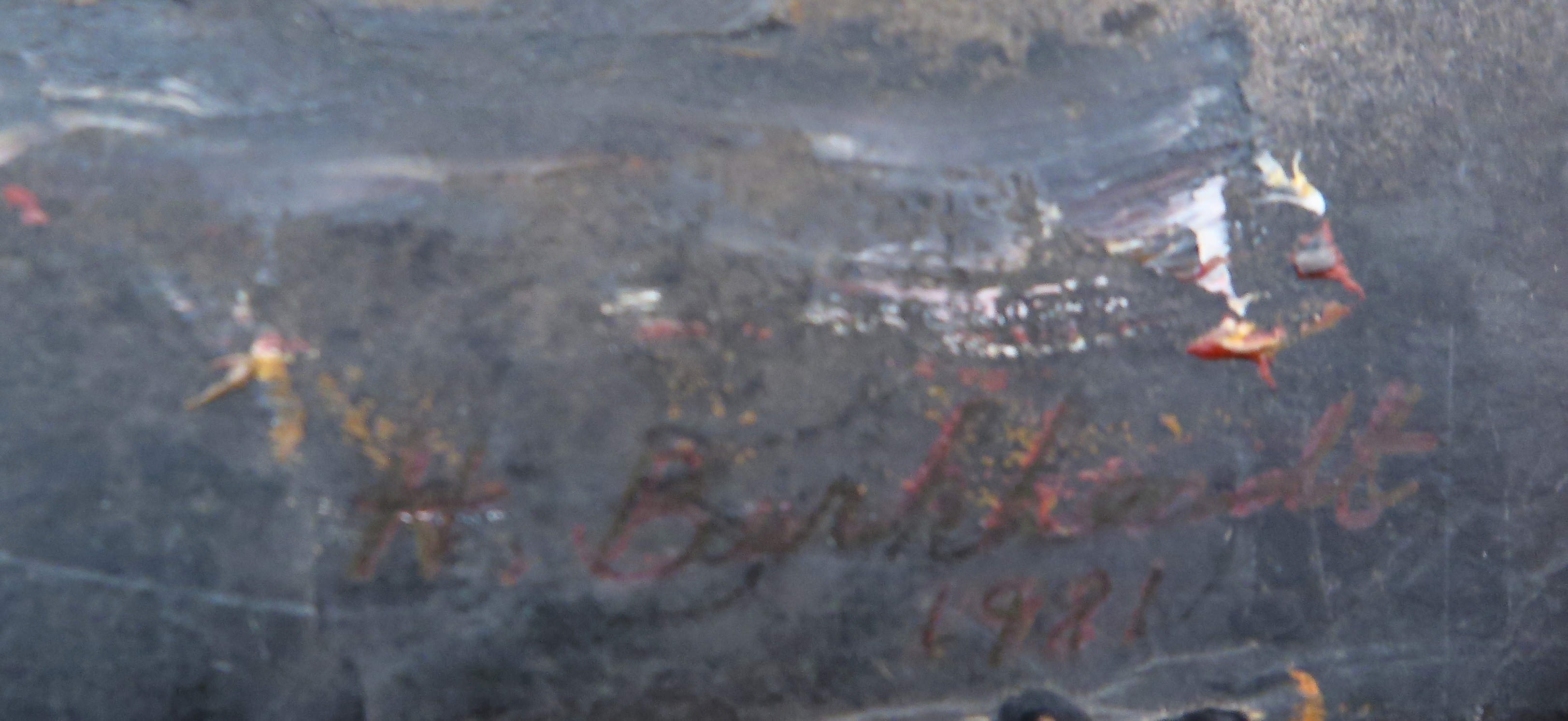 A painting of a black and gold painting on a black background.