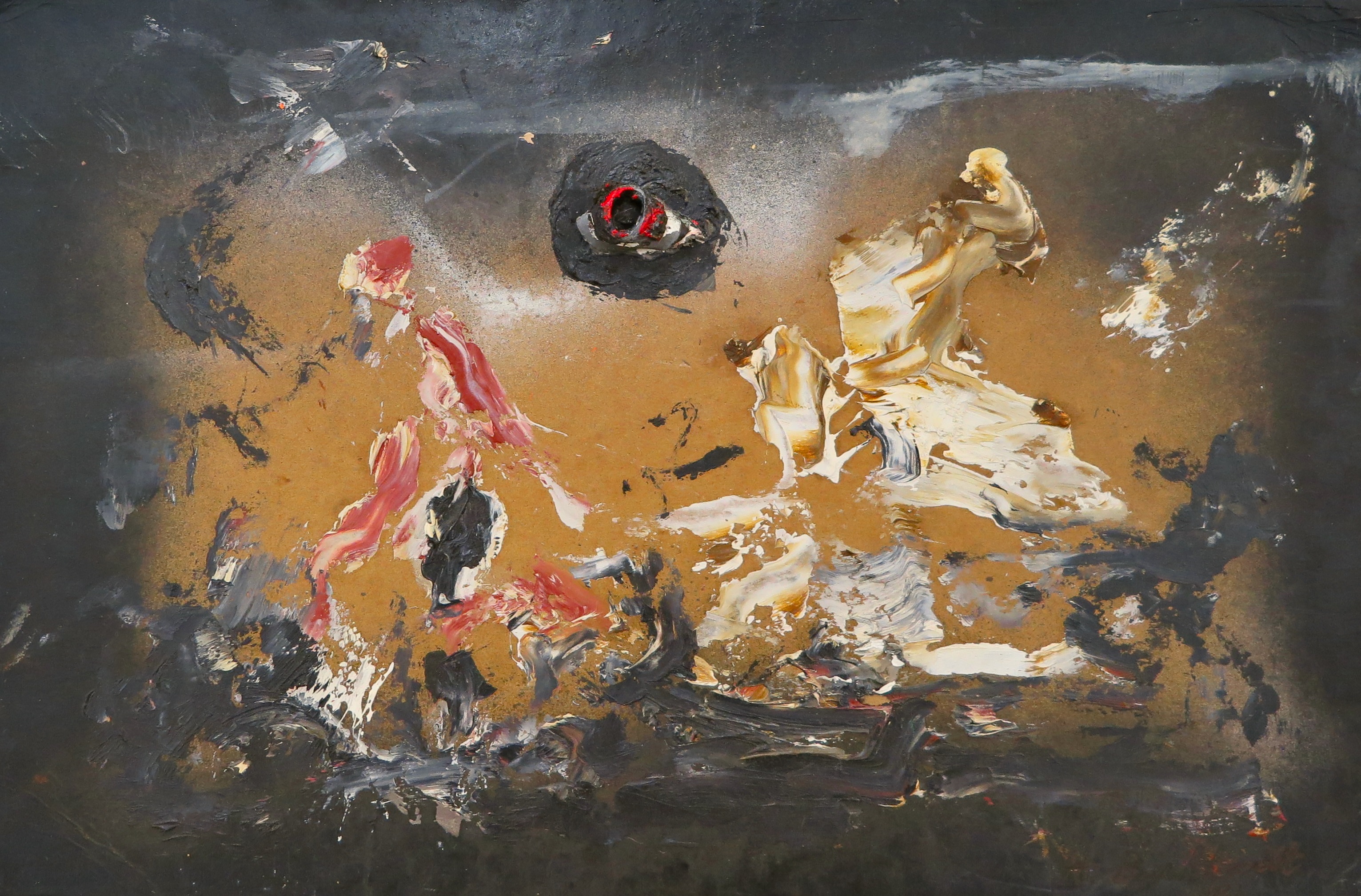 A painting of a black and gold painting on a black background.