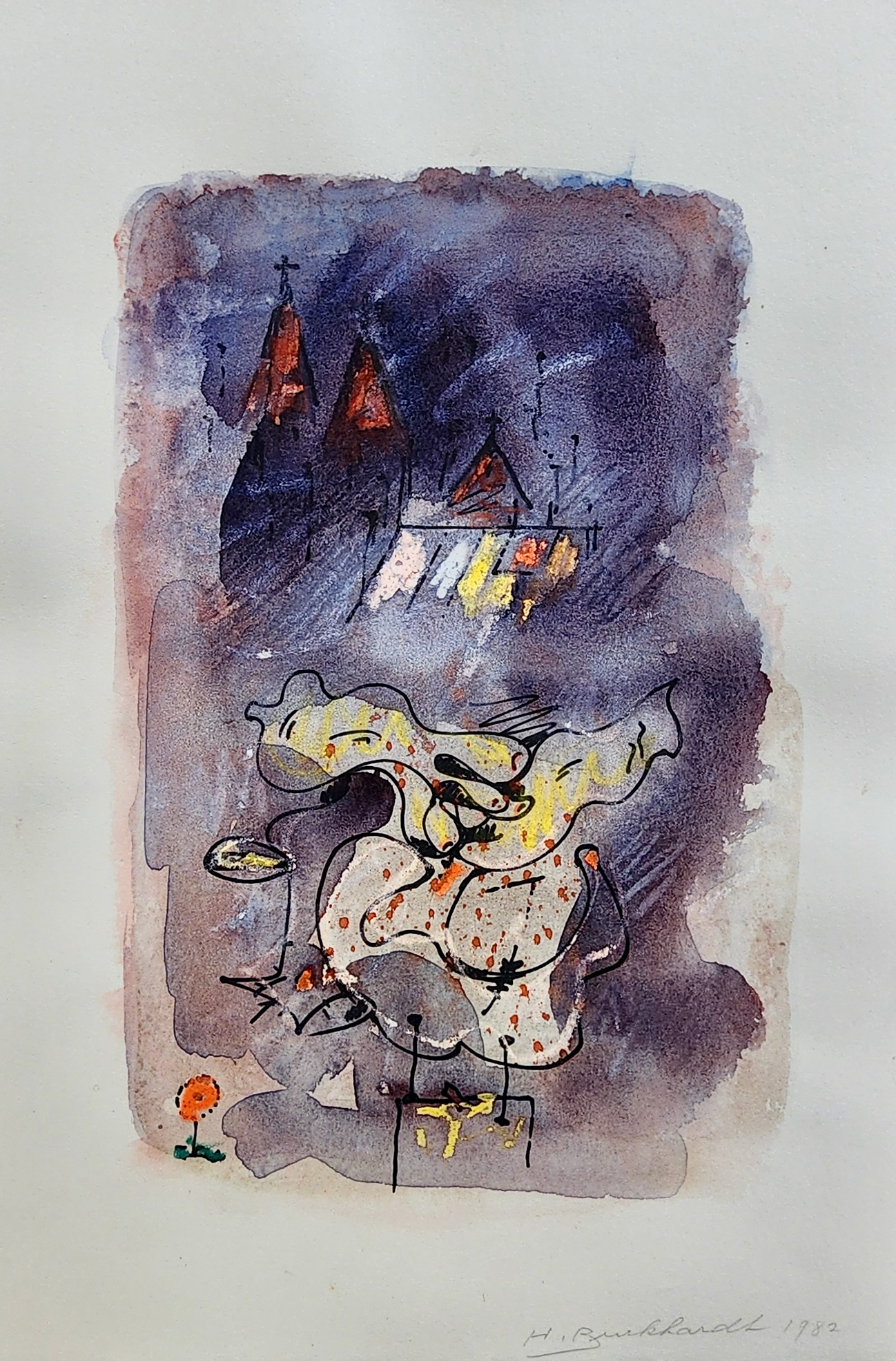 A watercolor painting of a woman sitting on a chair in front of a castle.