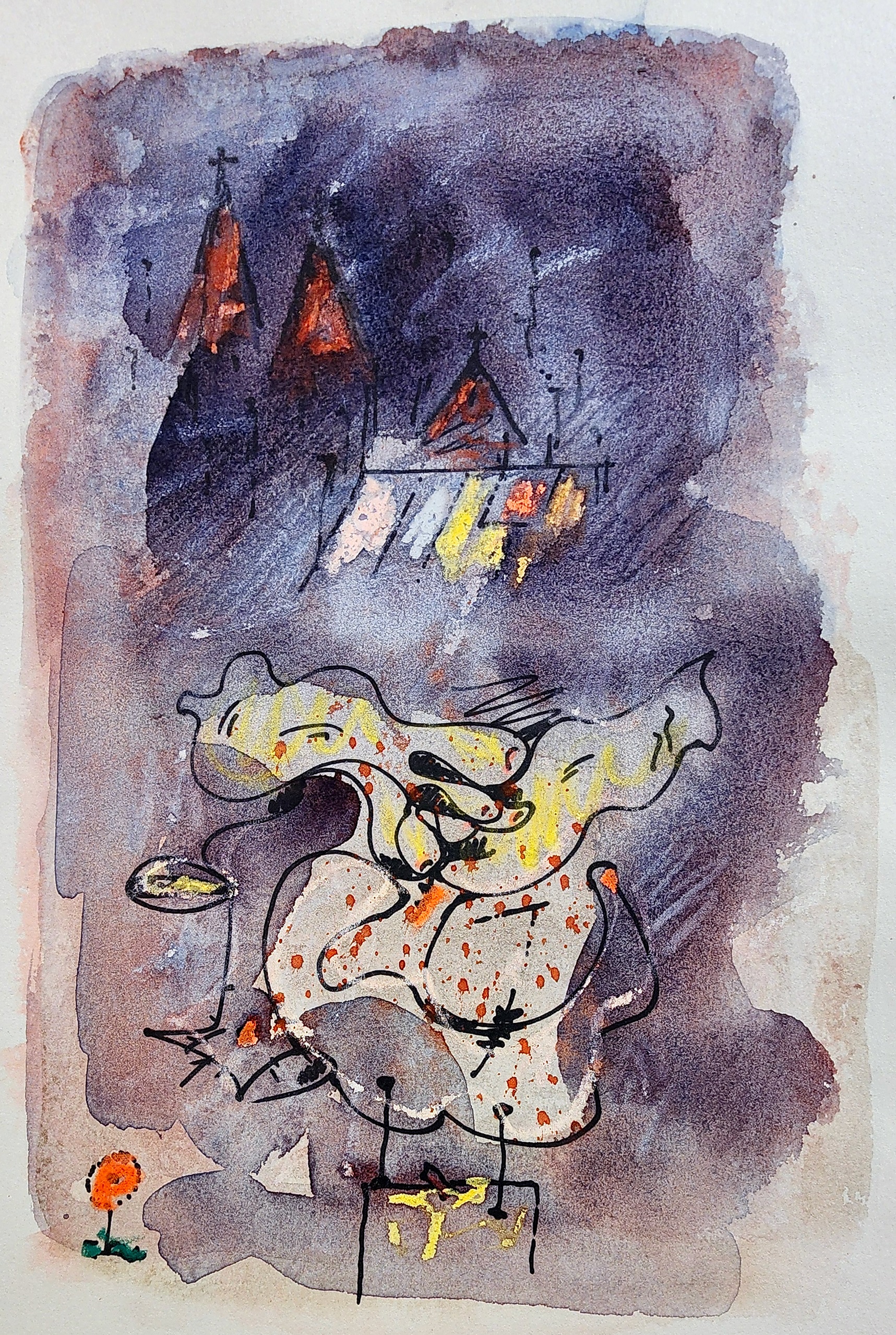 A watercolor painting of a woman sitting on a chair in front of a castle.