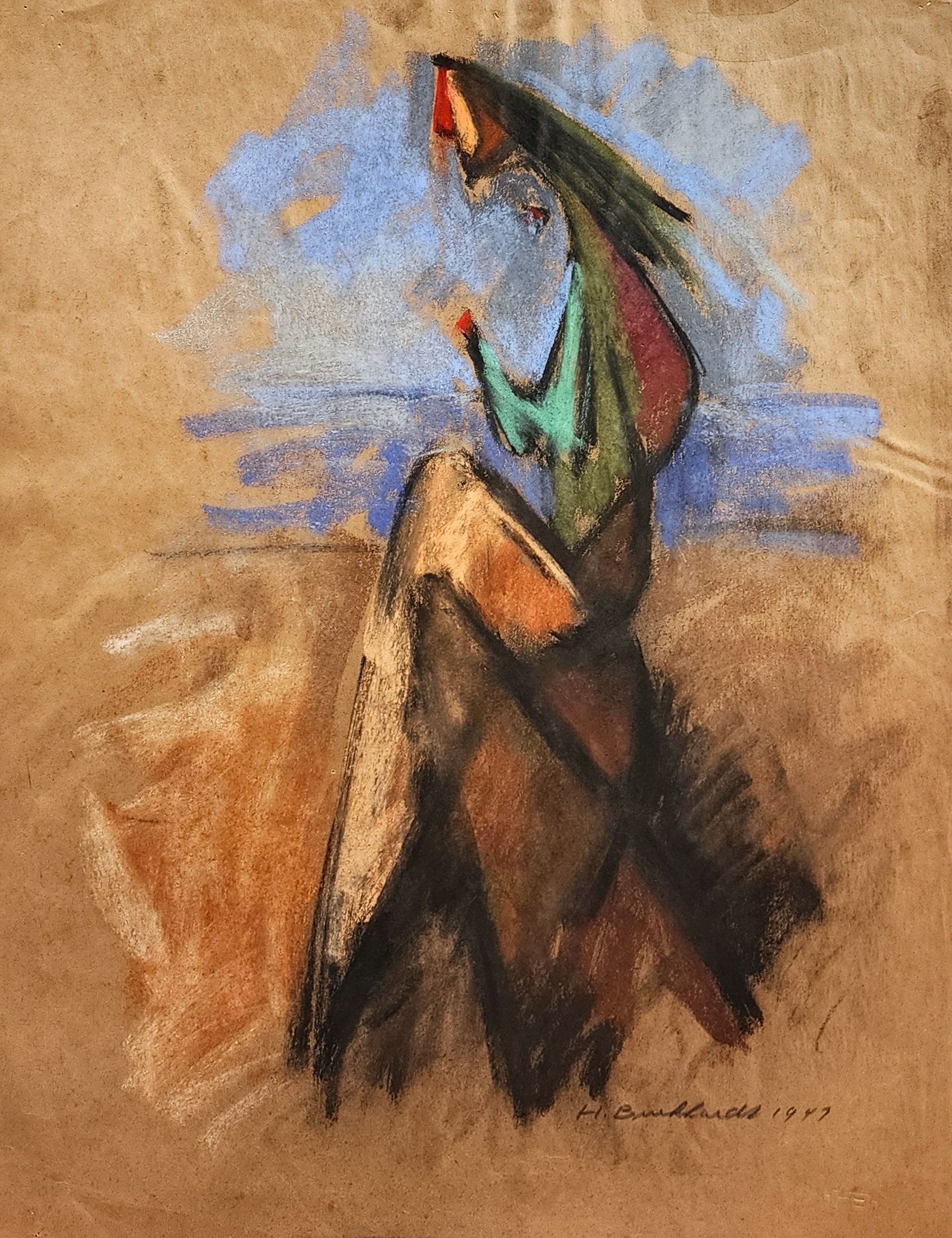 A drawing of a woman sitting on the ground. 