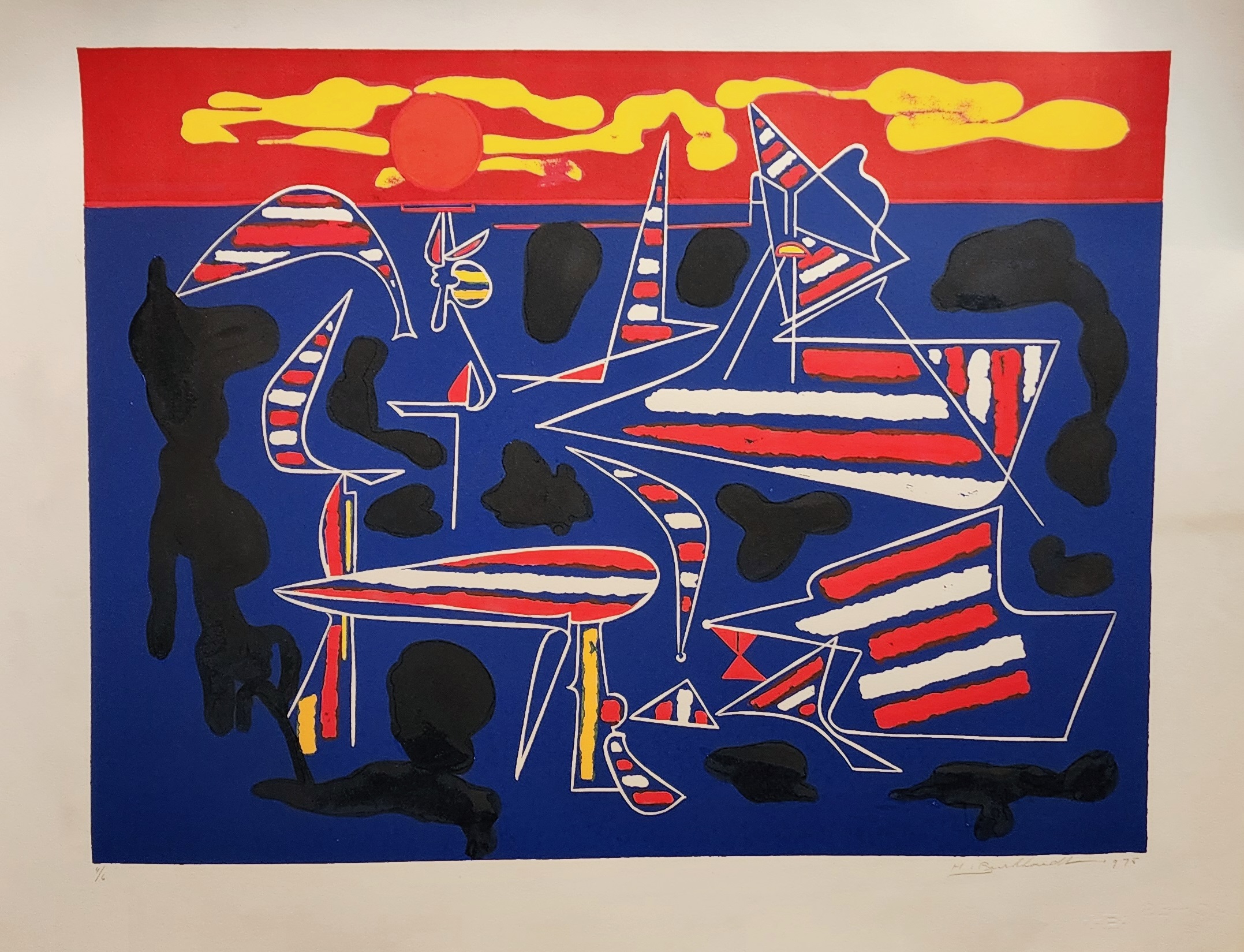 A blue and red painting on a white wall.
