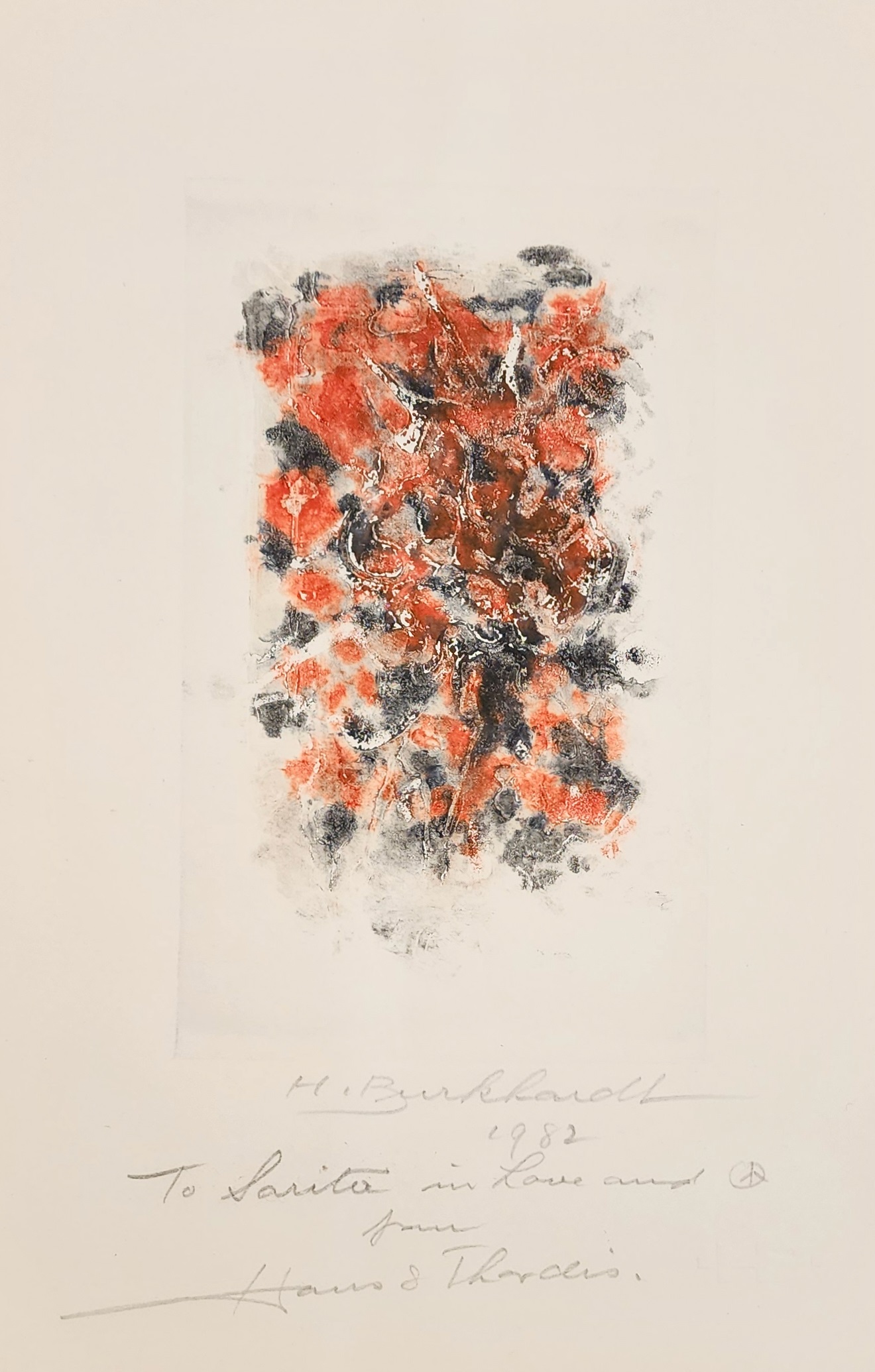 A drawing of a red and black abstract painting on a white background.