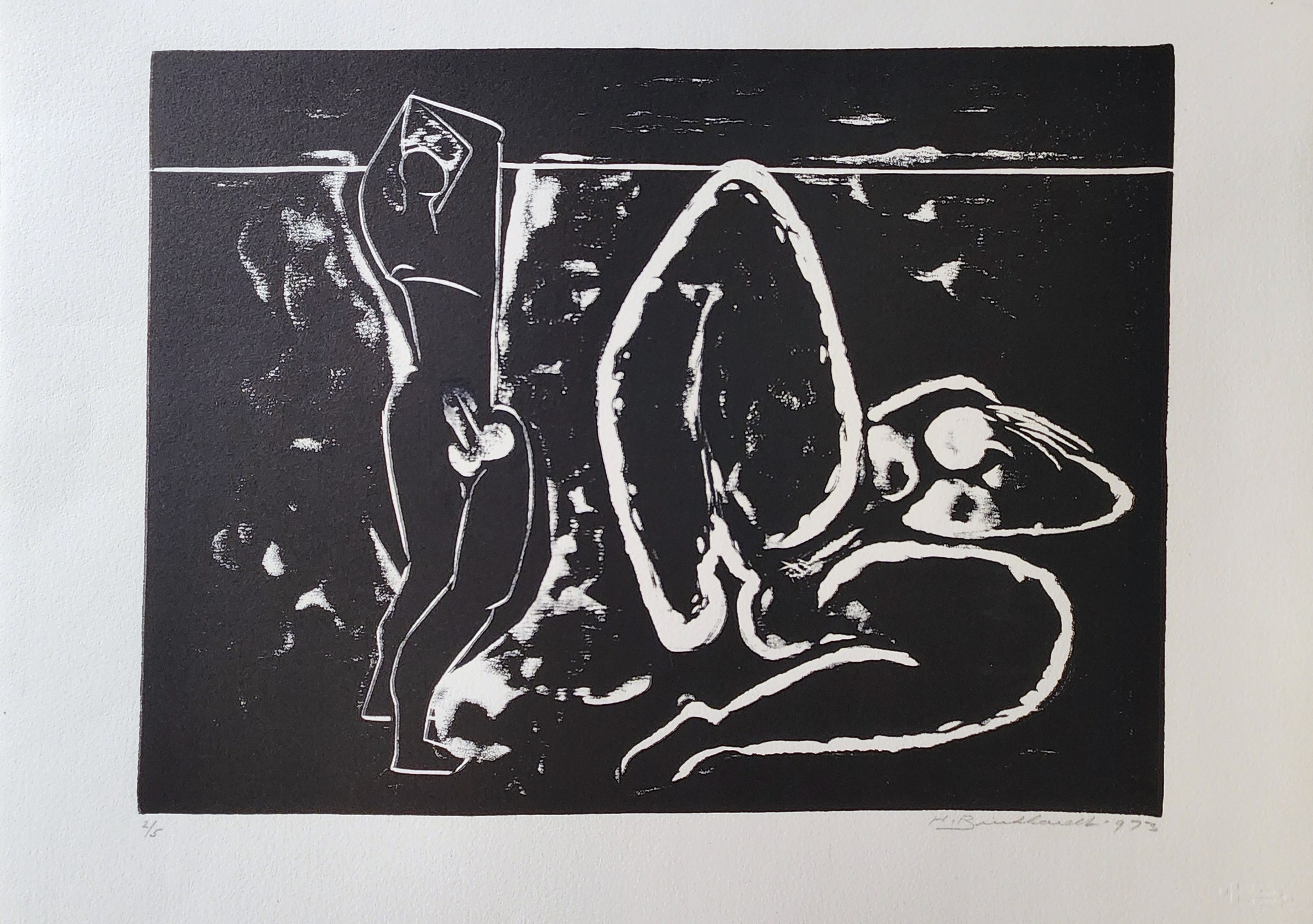 A black and white drawing of a woman sitting on the ground.