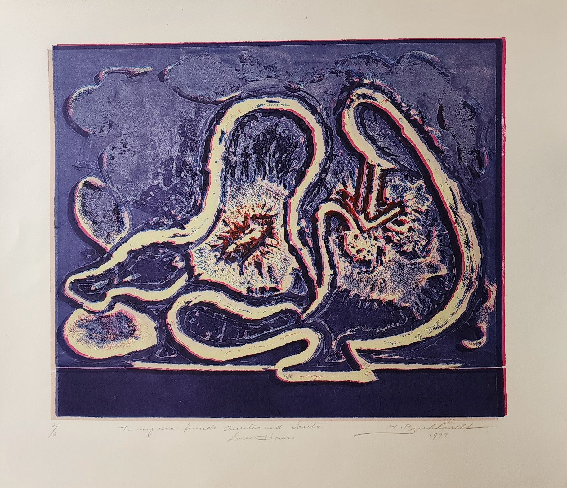A blue and purple print of an octopus on a purple background.