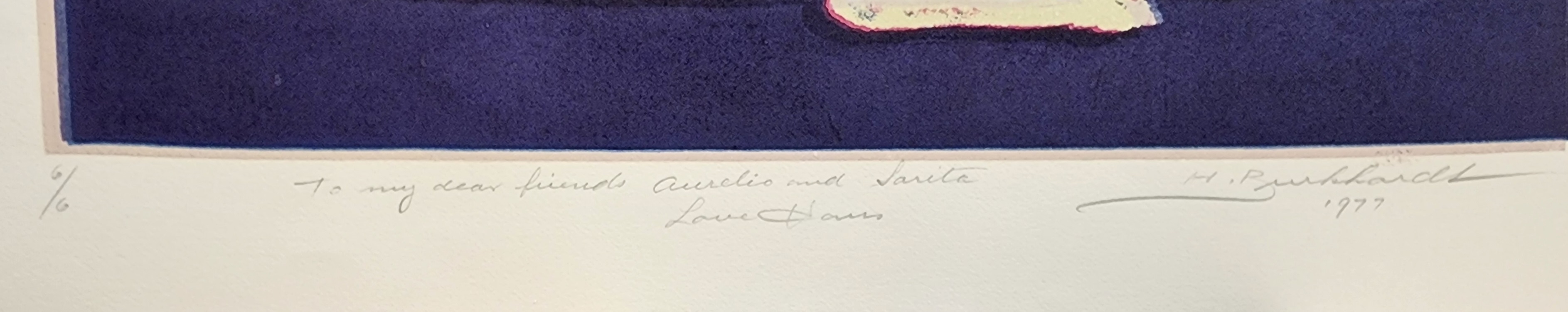 A blue and purple print of an octopus on a purple background.