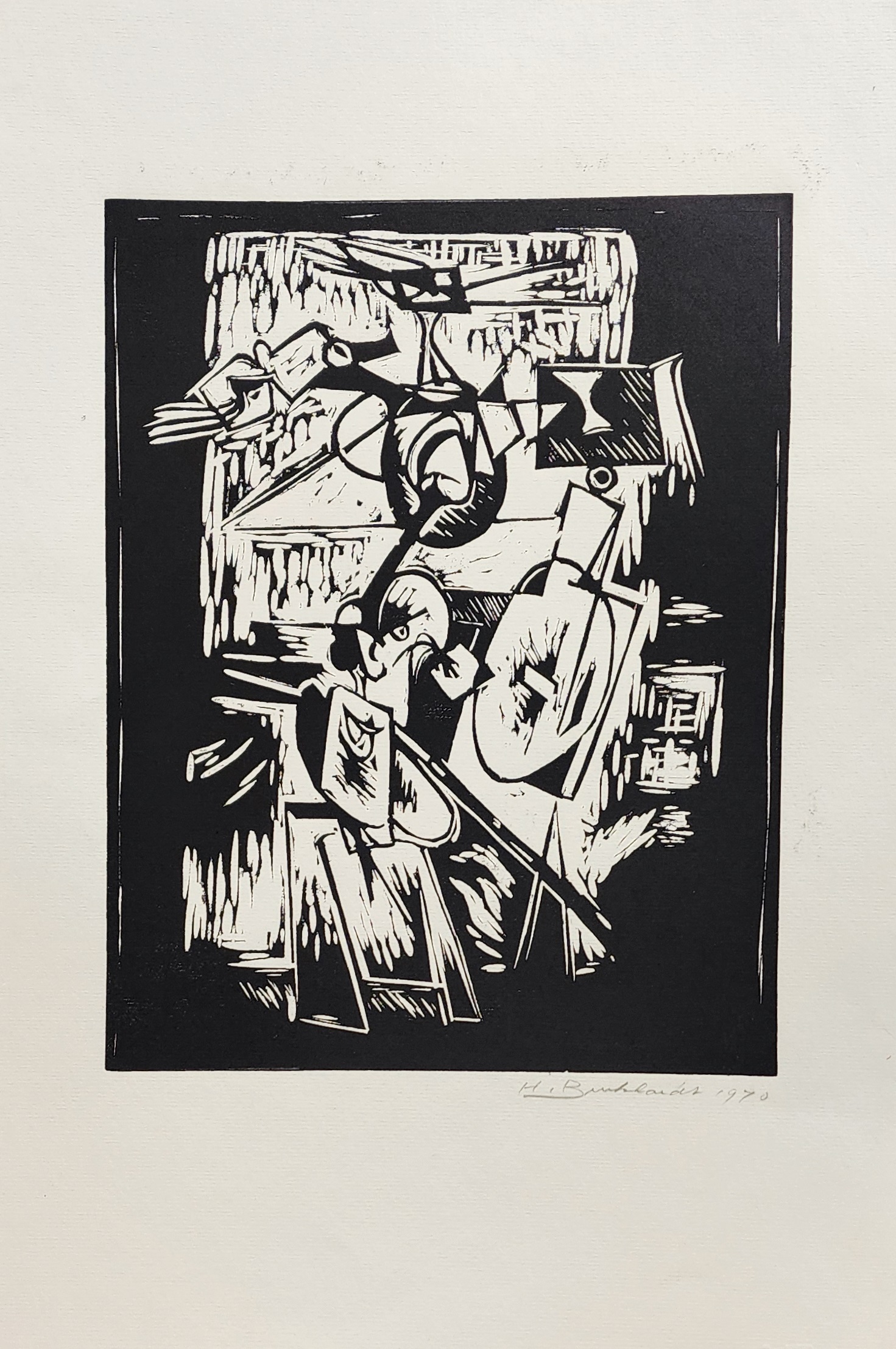 A black and white drawing of a man playing a guitar.