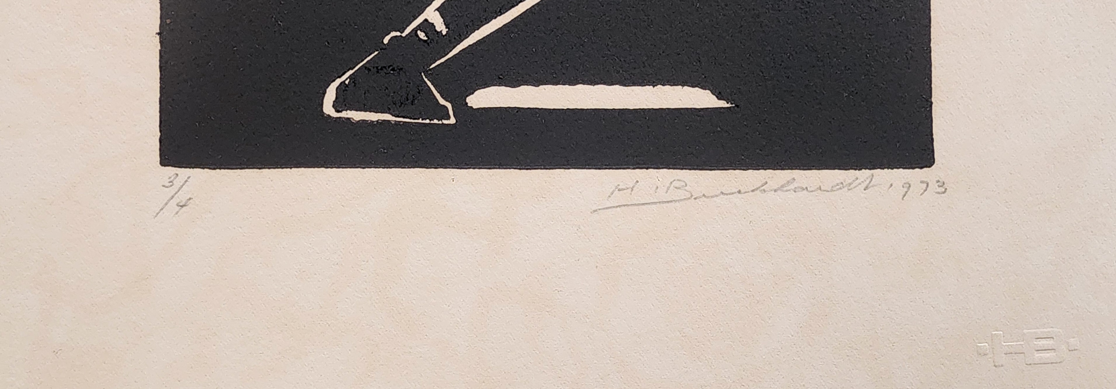 A black and white drawing of a man with a hat on his head.