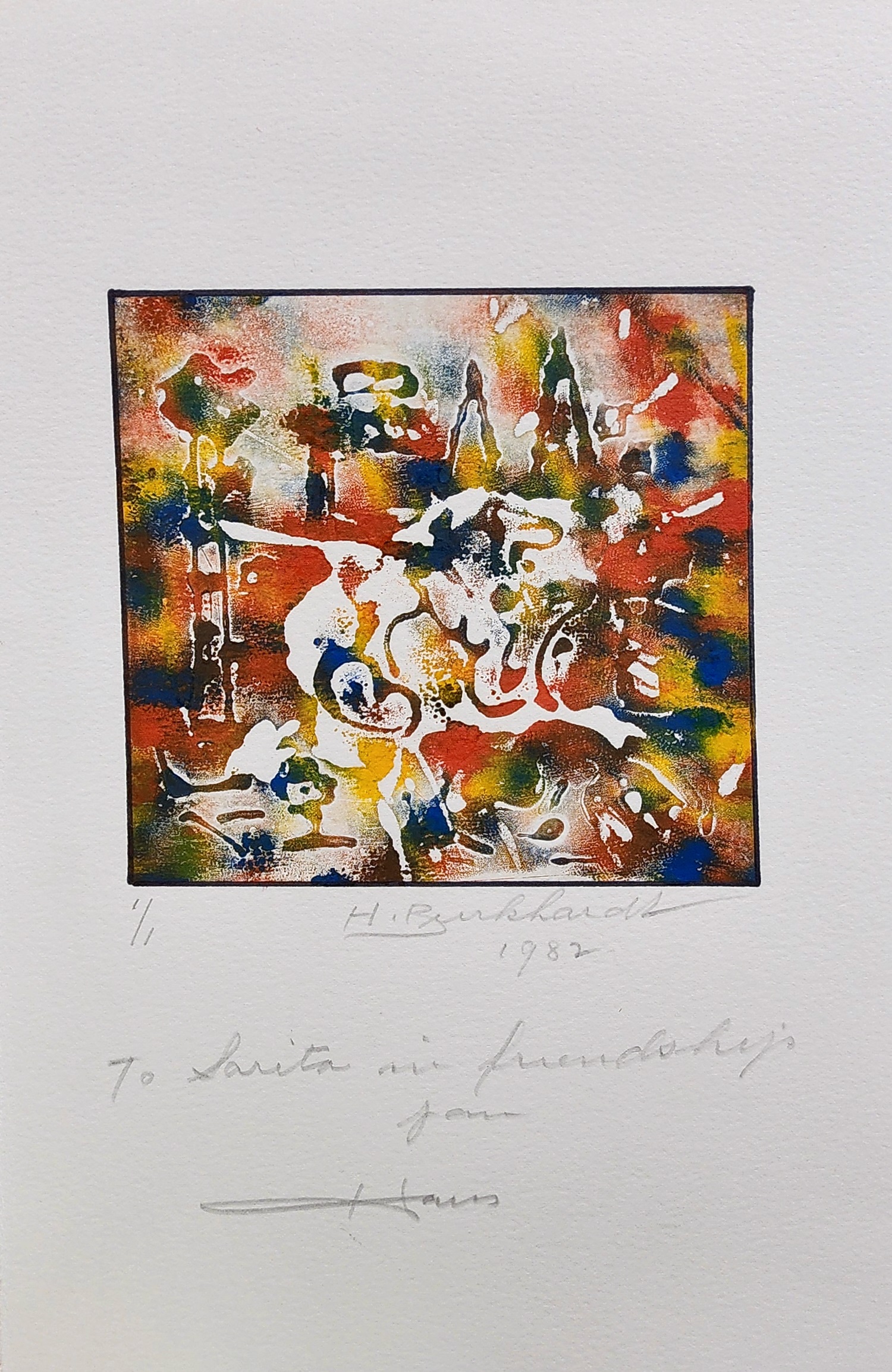 A painting on a piece of paper with a handwritten message.